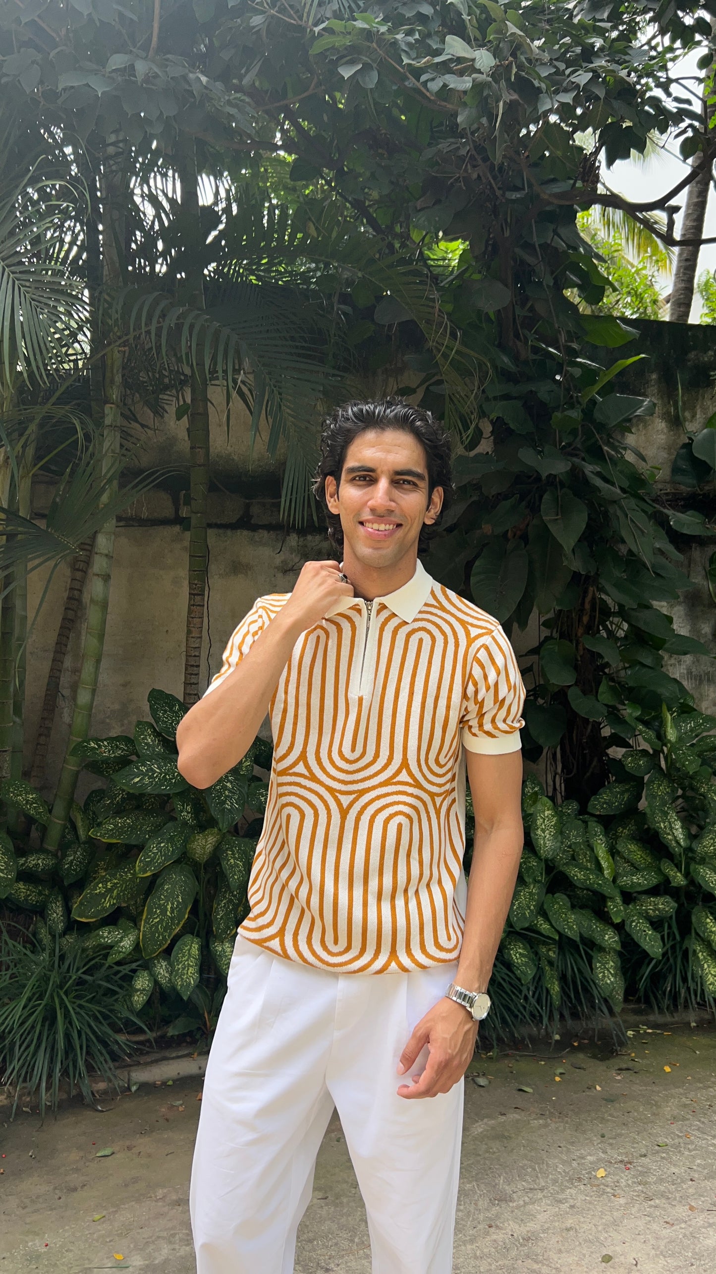 Regular Fit Geometric Pattern Polo T-Shirt - White & Mustard