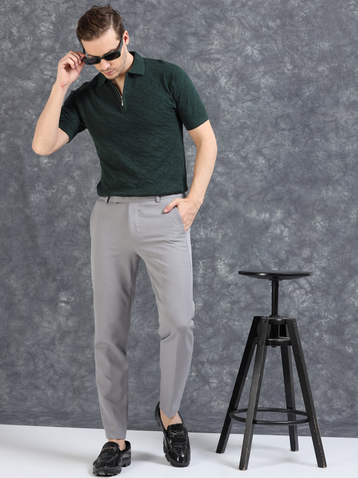 Ribbed Design Zipper Polo T-Shirt- Dark Green