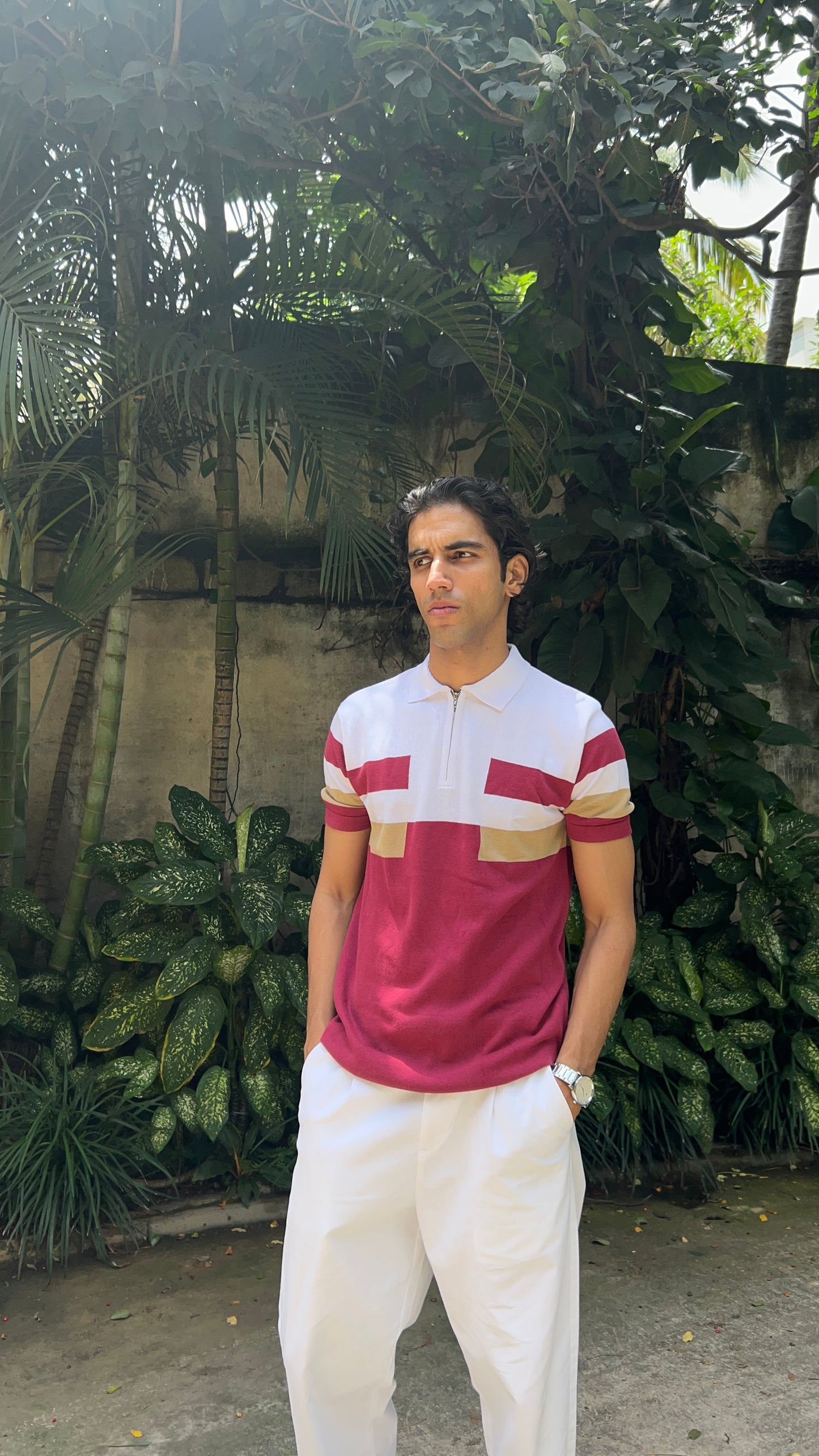 Regular Fit Colorblock Zipper Polo T-Shirt - Maroon & White