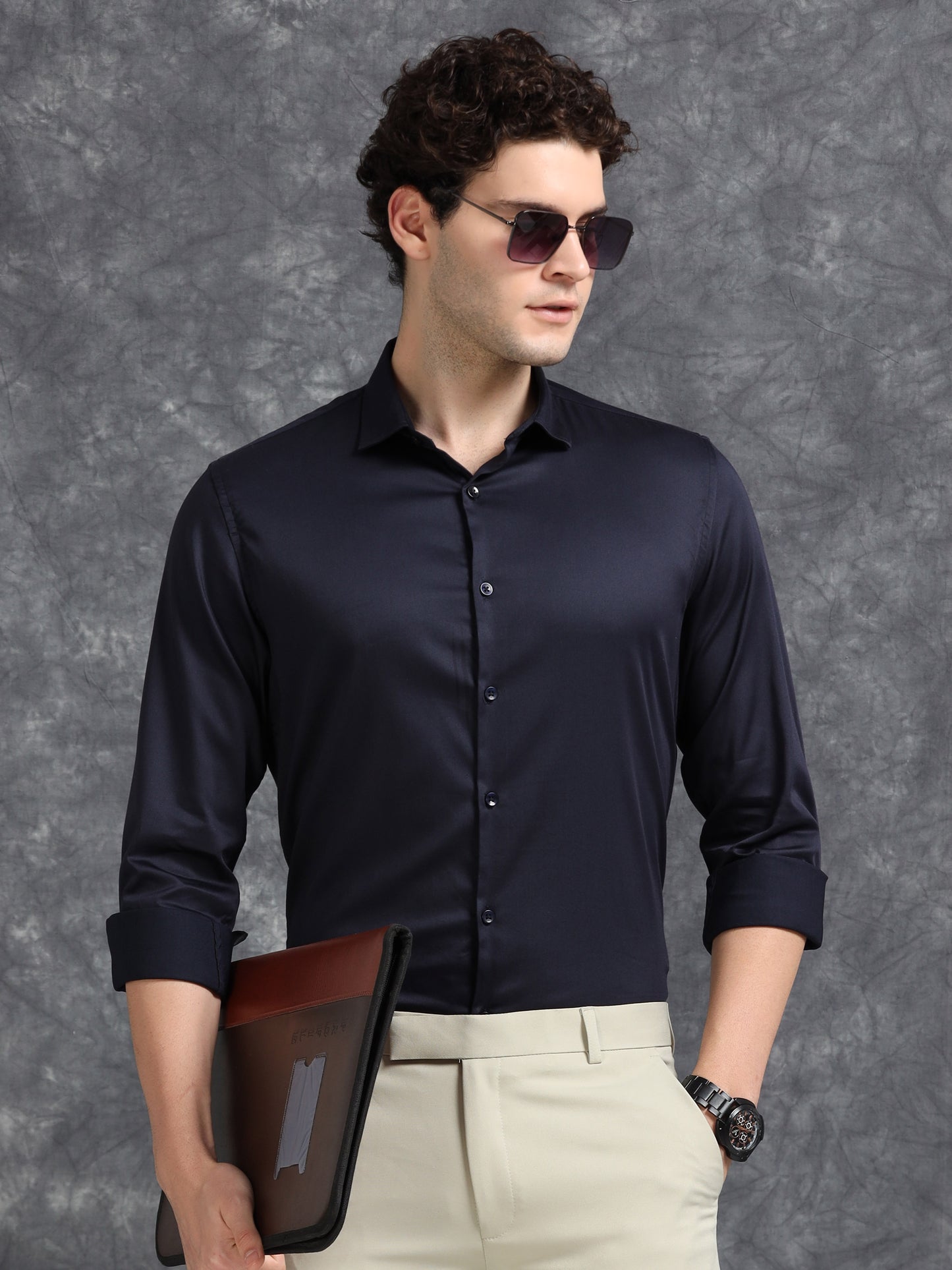 Navy 60's Satin lycra Shirt
