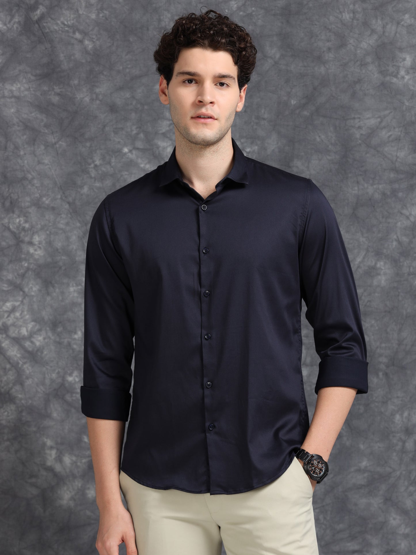 Navy 60's Satin lycra Shirt
