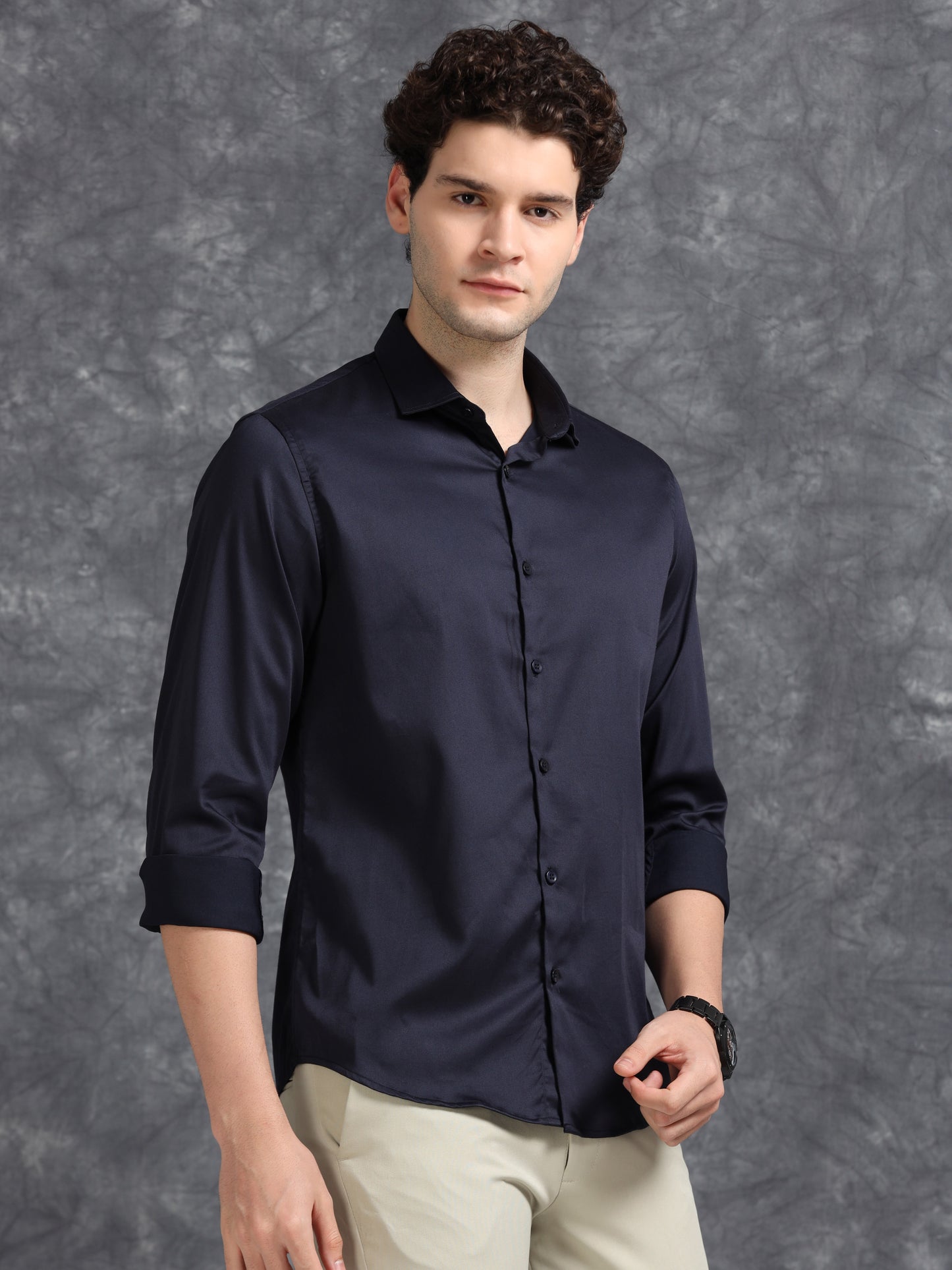 Navy 60's Satin lycra Shirt