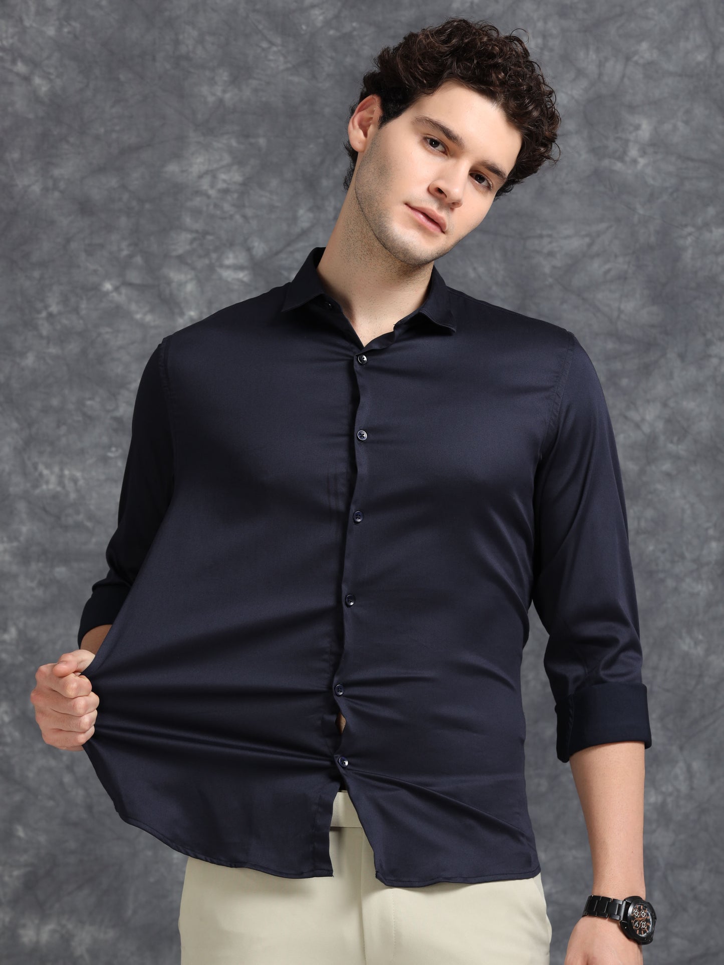 Navy 60's Satin lycra Shirt