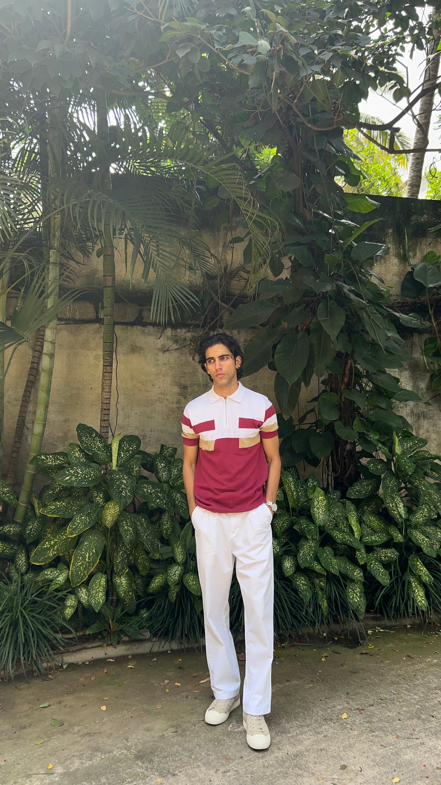 Regular Fit Colorblock Zipper Polo T-Shirt - Maroon & White