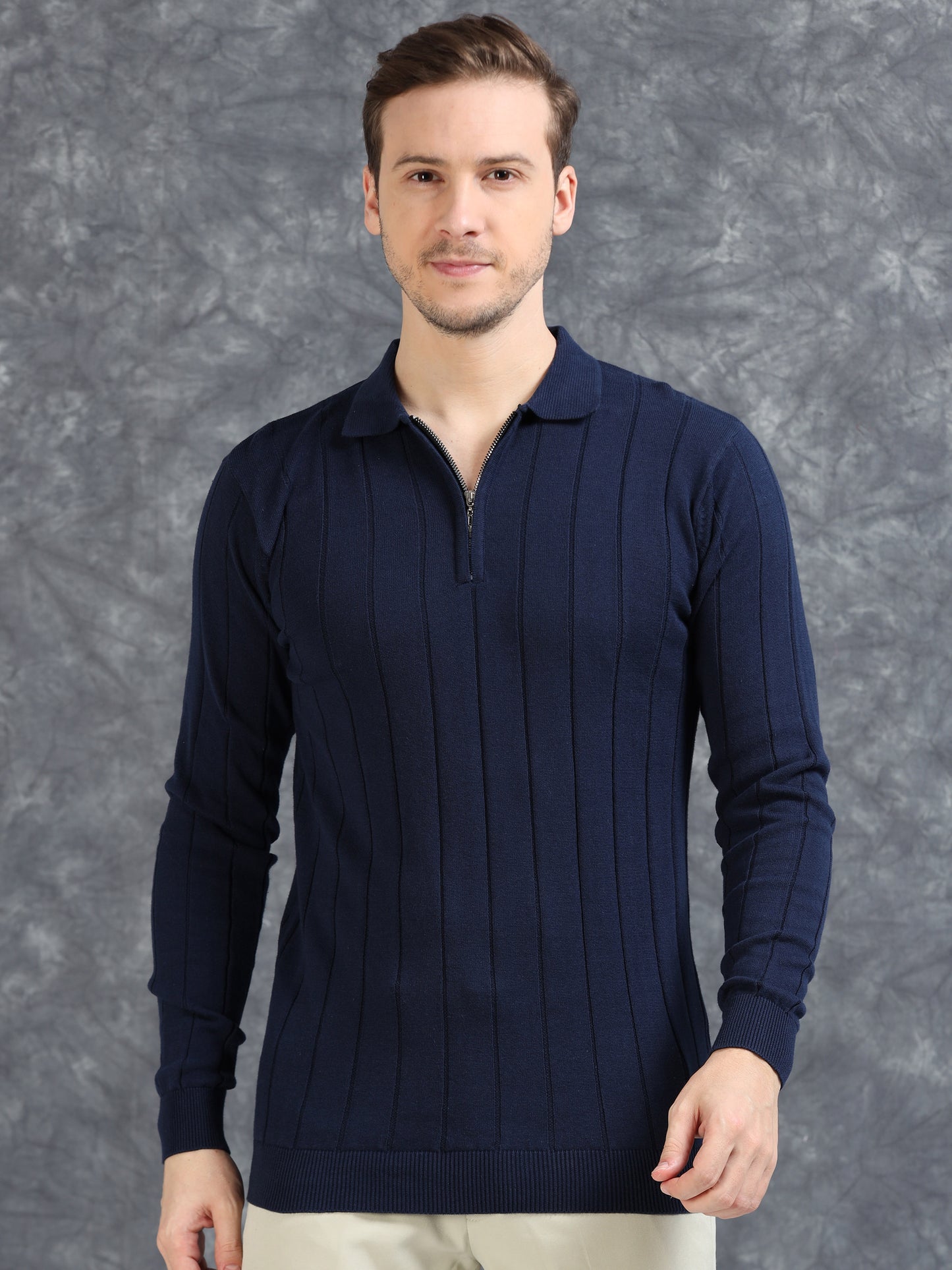 Ribbed Texture Full Sleeve T-Shirt Navy