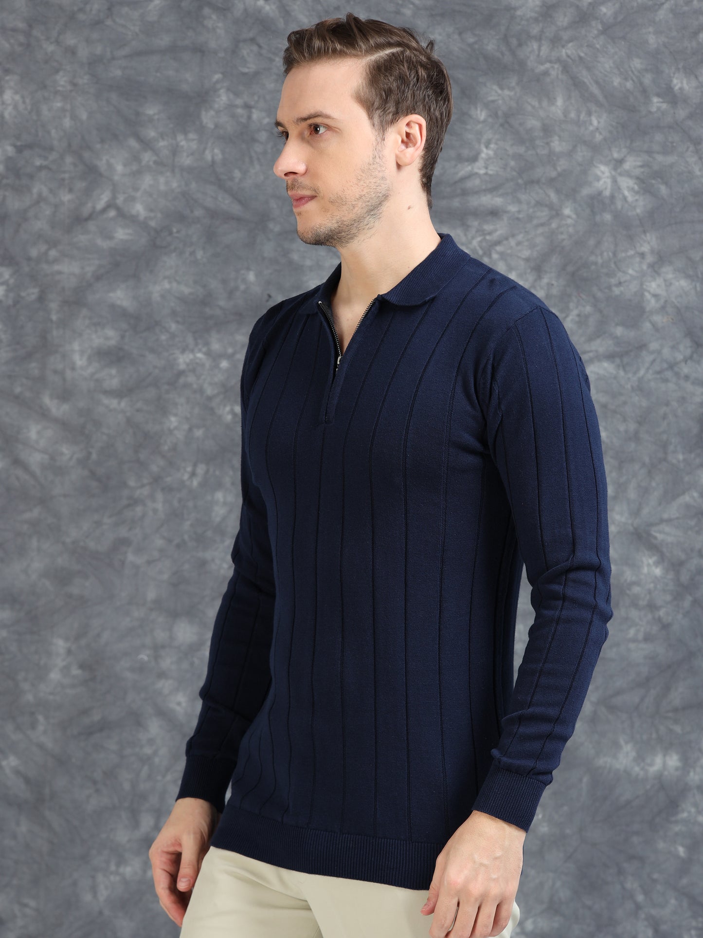 Ribbed Texture Full Sleeve T-Shirt Navy