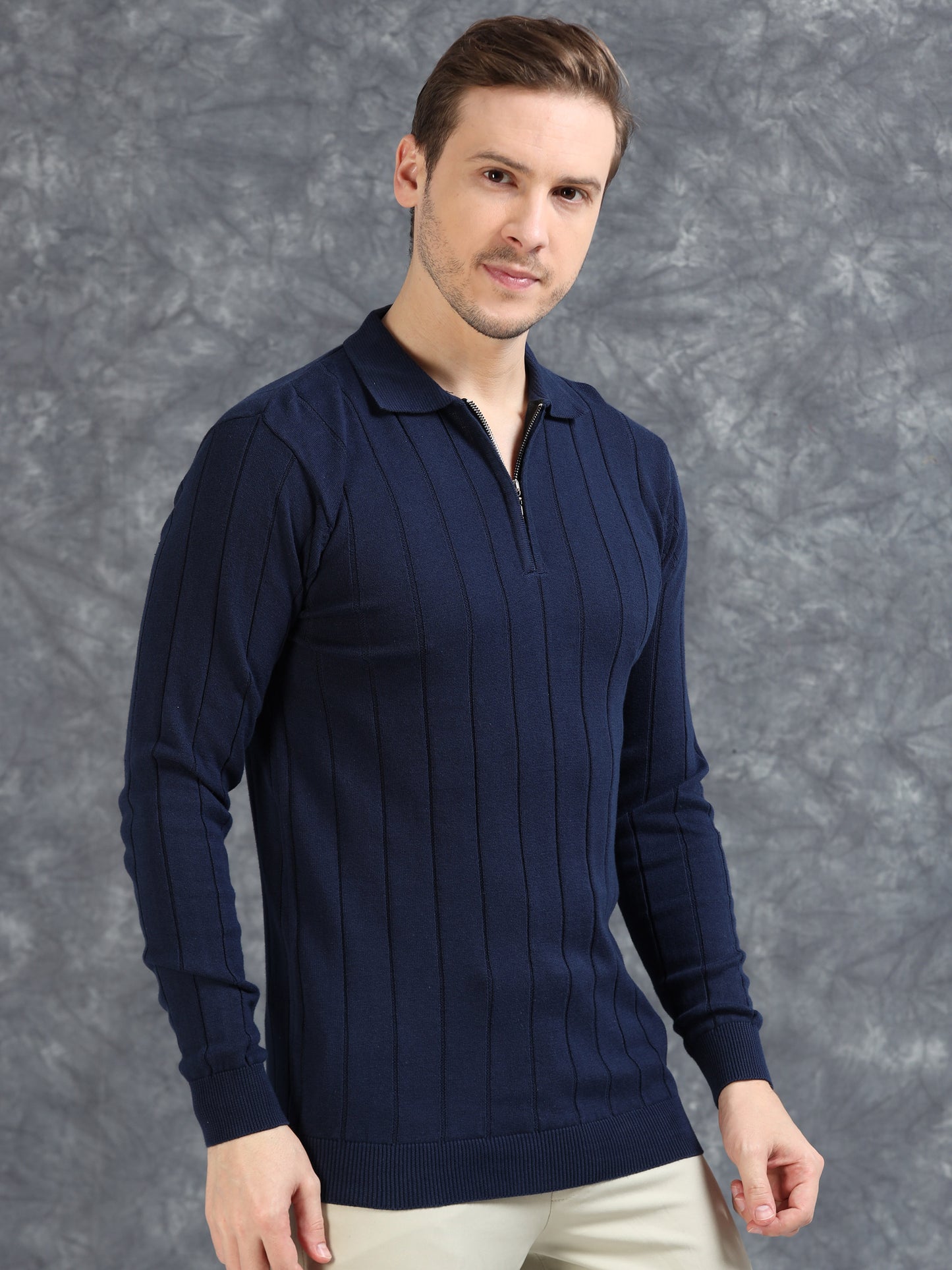 Ribbed Texture Full Sleeve T-Shirt Navy