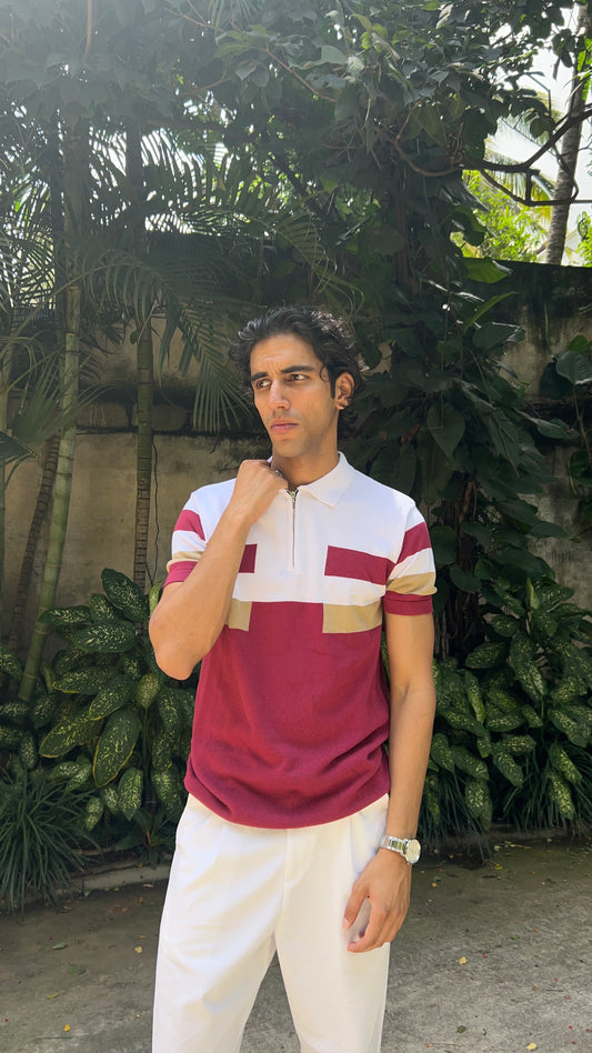 Regular Fit Colorblock Zipper Polo T-Shirt - Maroon & White
