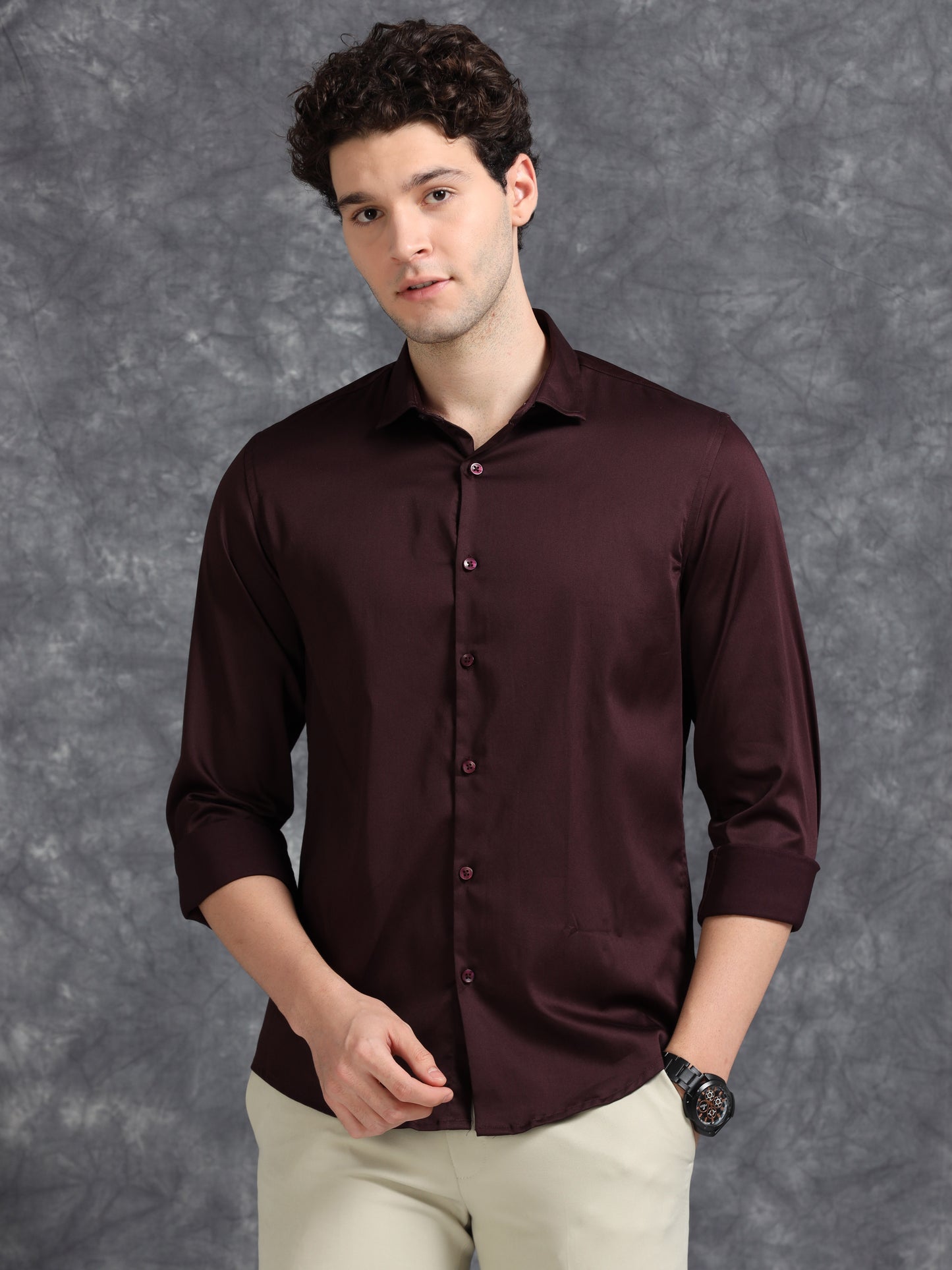Brown 60's Satin lycra Shirt