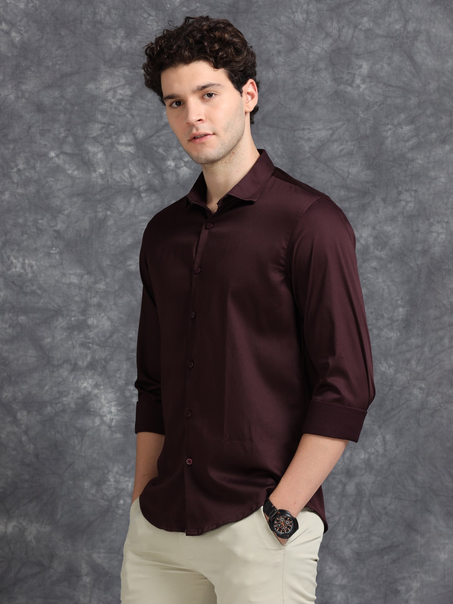 Brown 60's Satin lycra Shirt