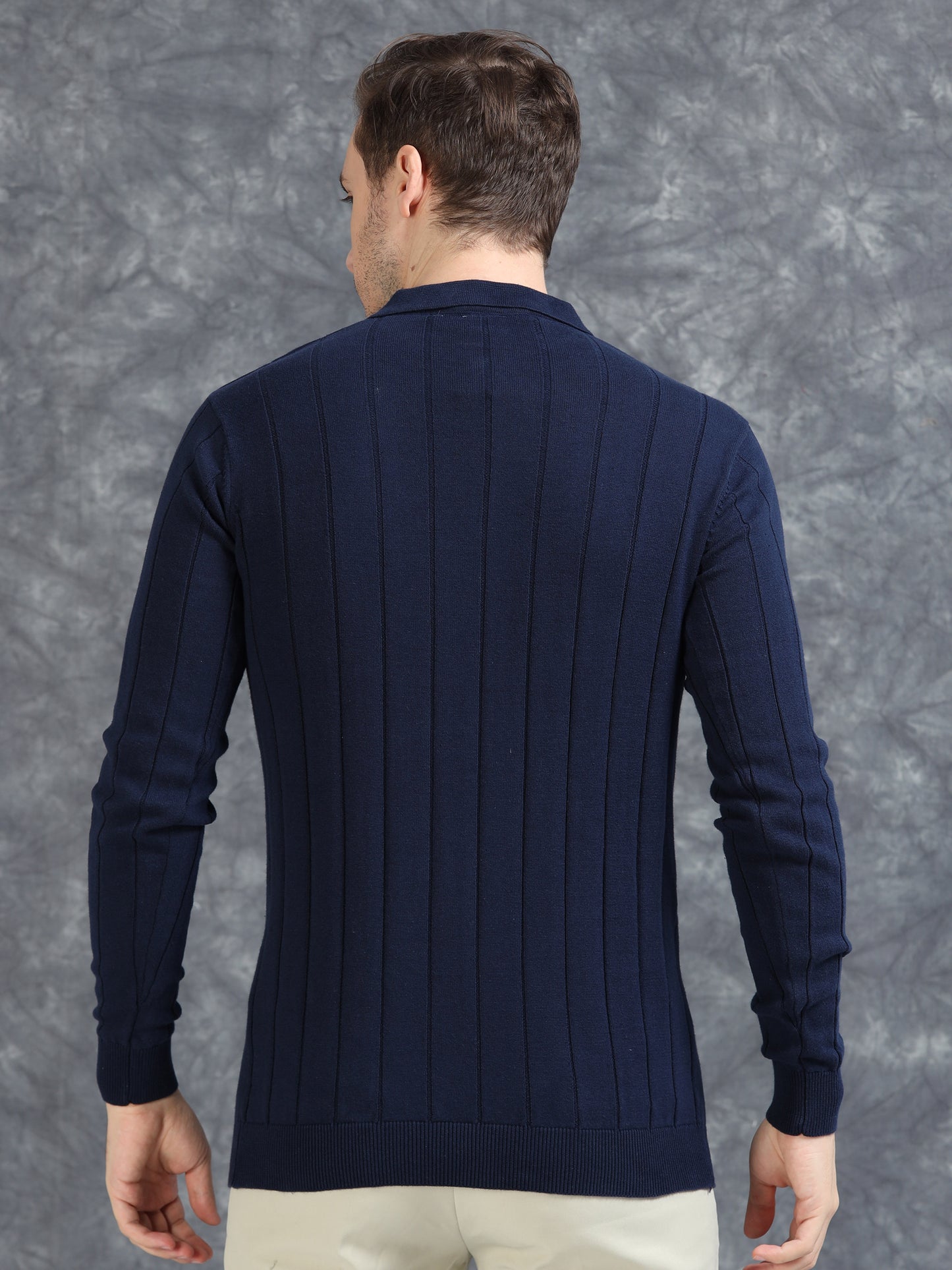 Ribbed Texture Full Sleeve T-Shirt Navy