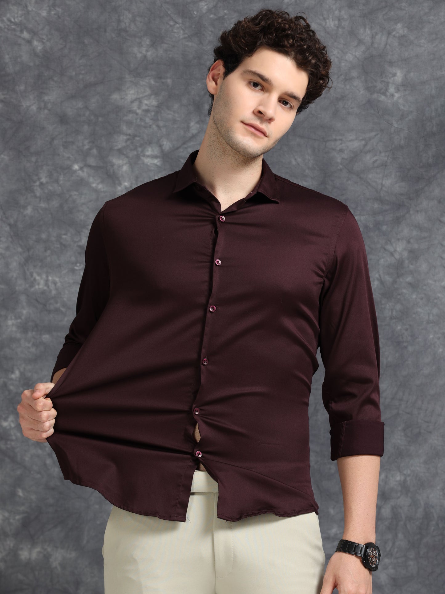 Brown 60's Satin lycra Shirt