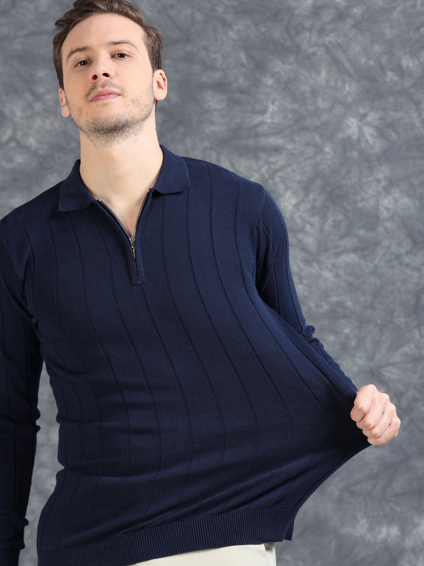 Ribbed Texture Full Sleeve T-Shirt Navy