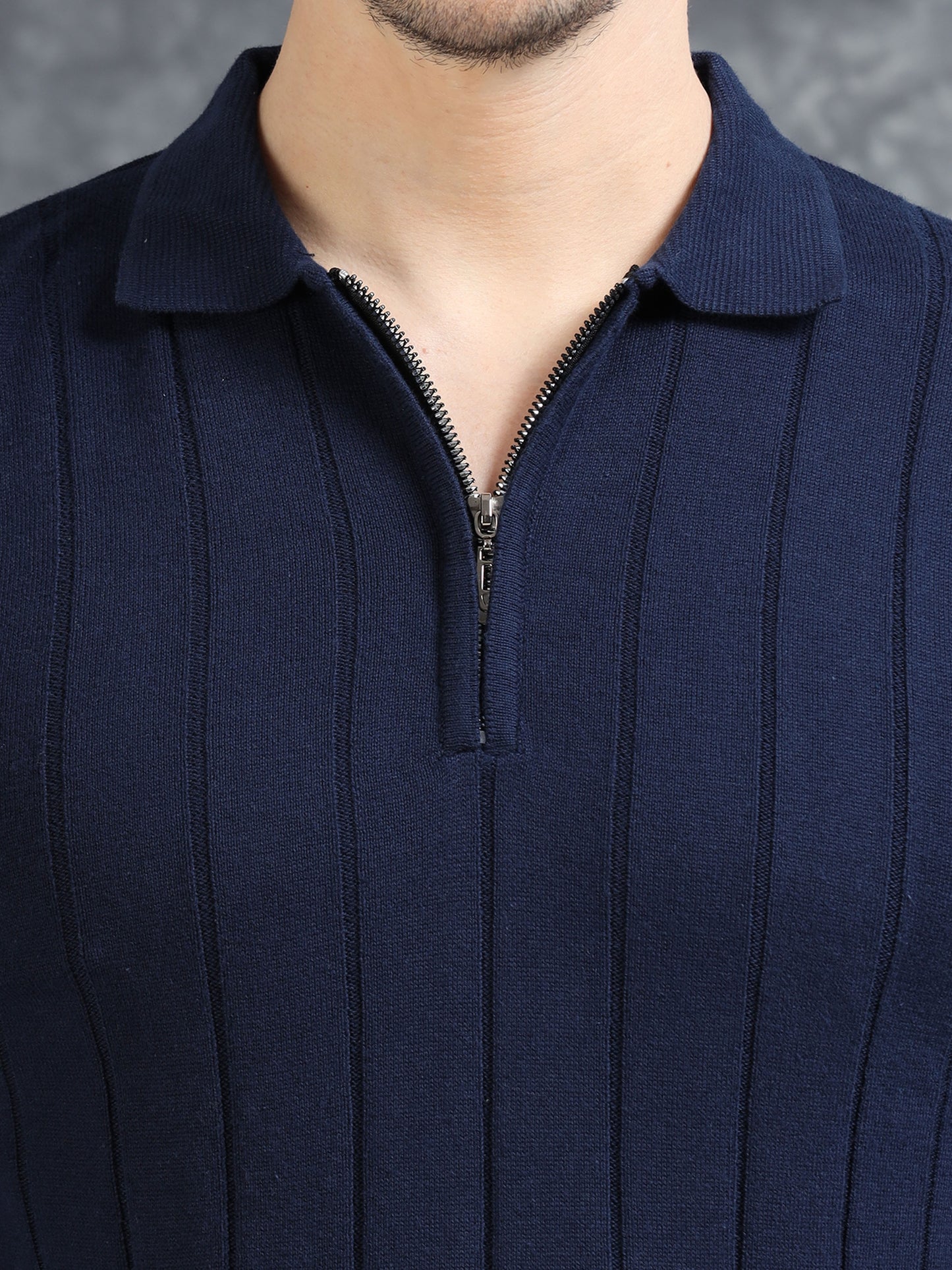 Ribbed Texture Full Sleeve T-Shirt Navy