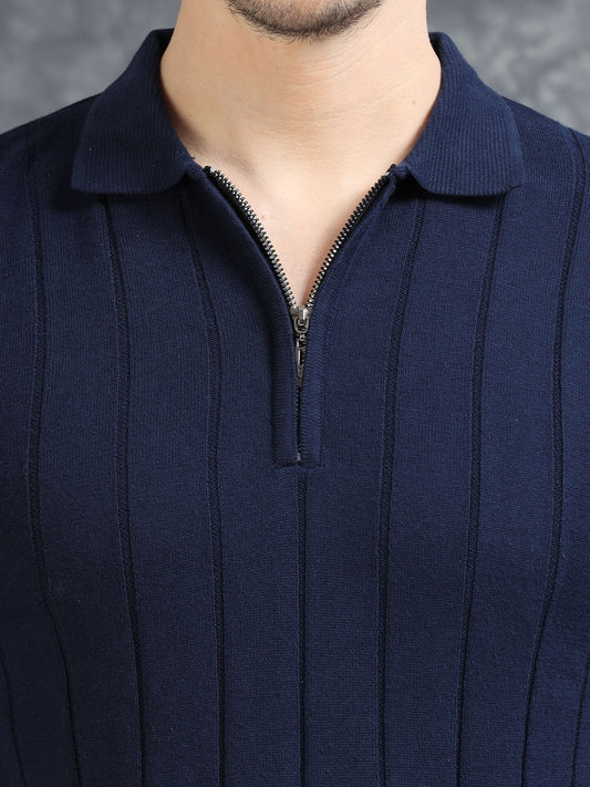 Ribbed Texture Full Sleeve T-Shirt Navy