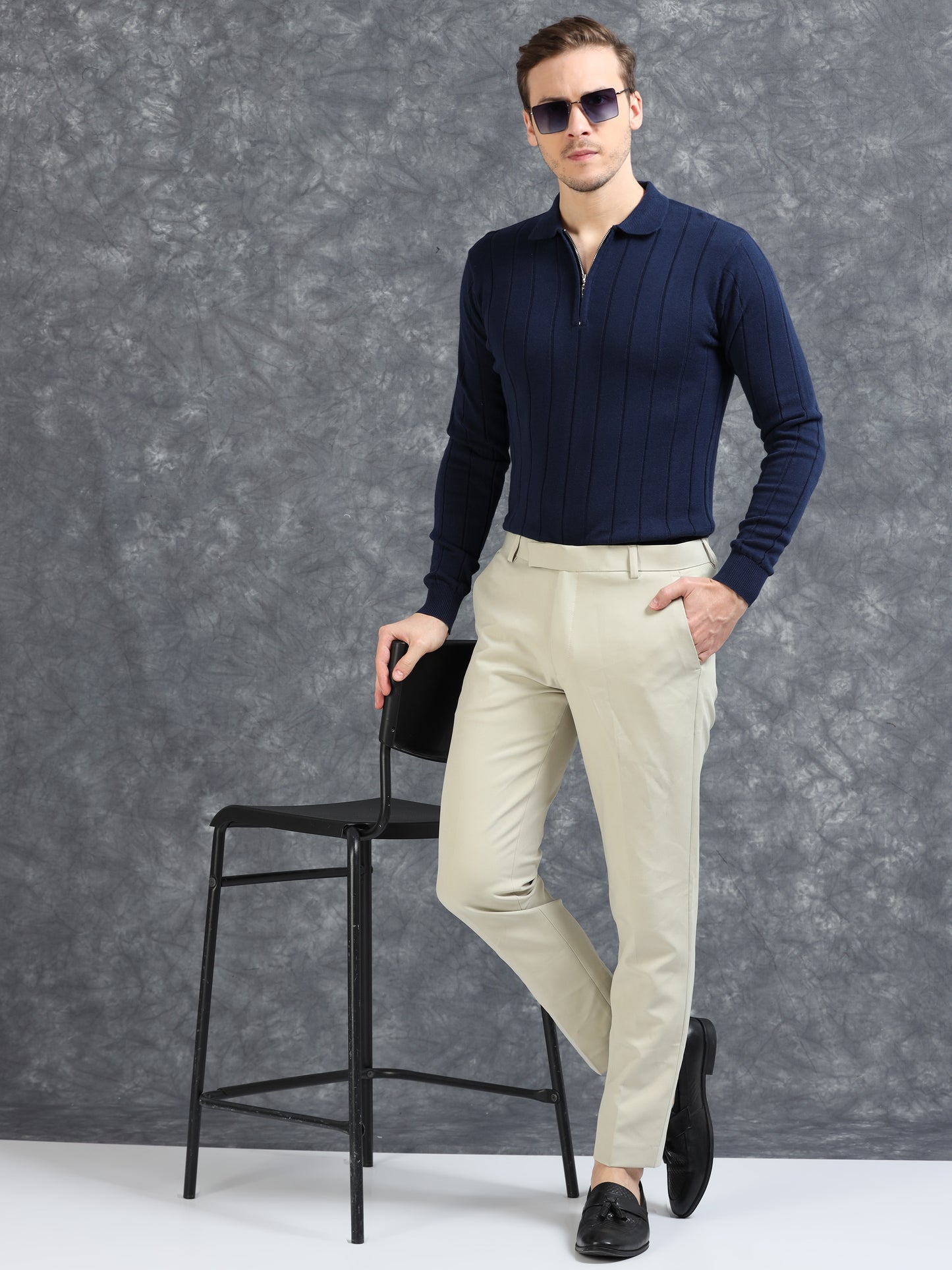 Ribbed Texture Full Sleeve T-Shirt Navy