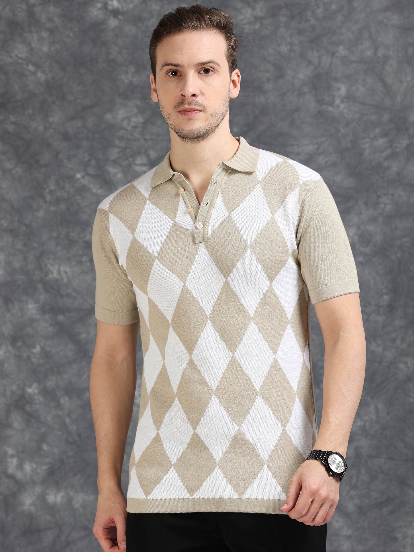 Beige Diamond Design Polo T-shirt