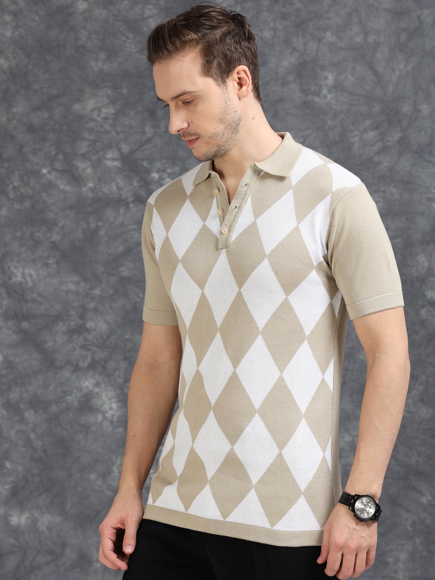 Beige Diamond Design Polo T-shirt