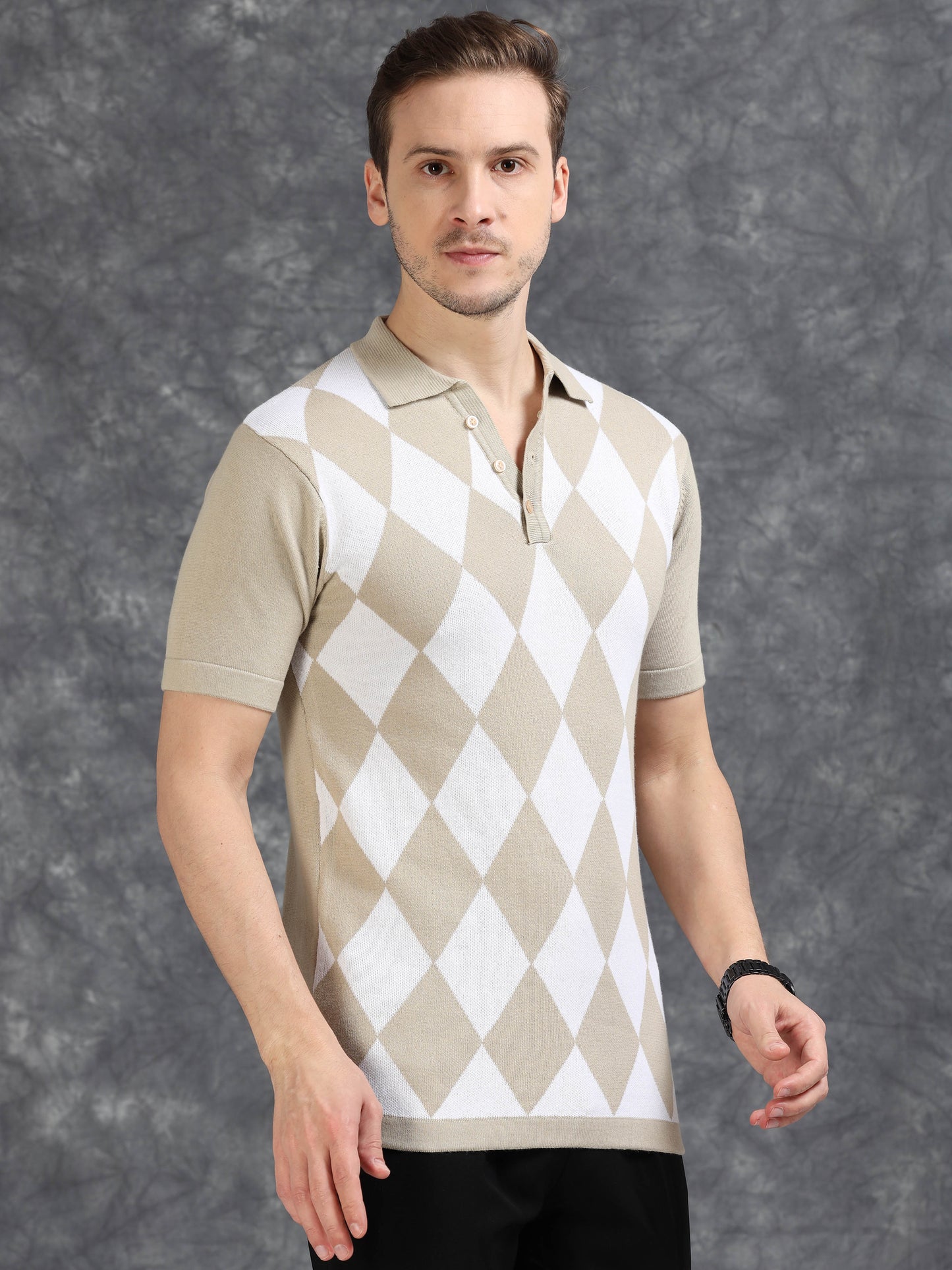 Beige Diamond Design Polo T-shirt