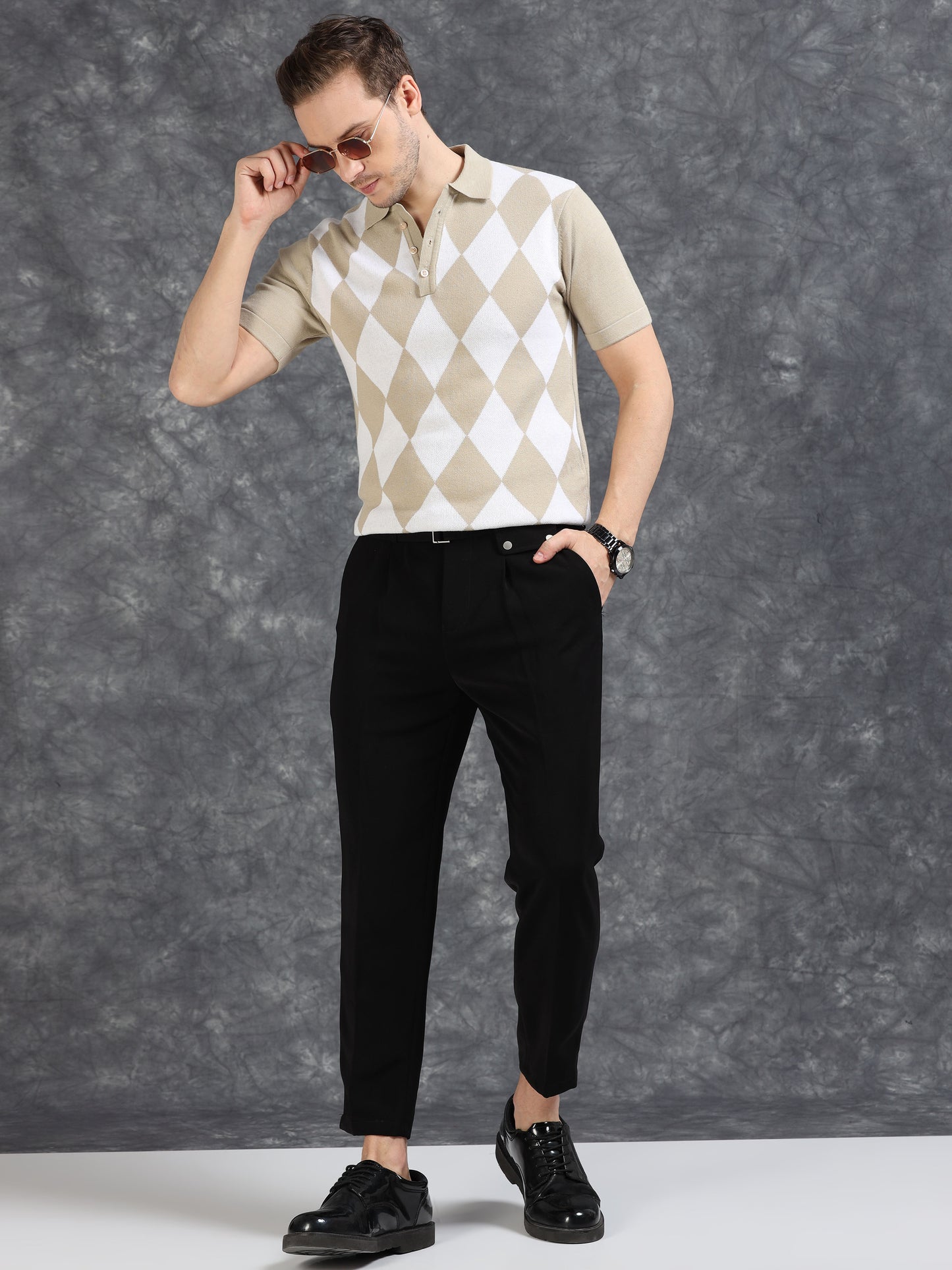 Beige Diamond Design Polo T-shirt