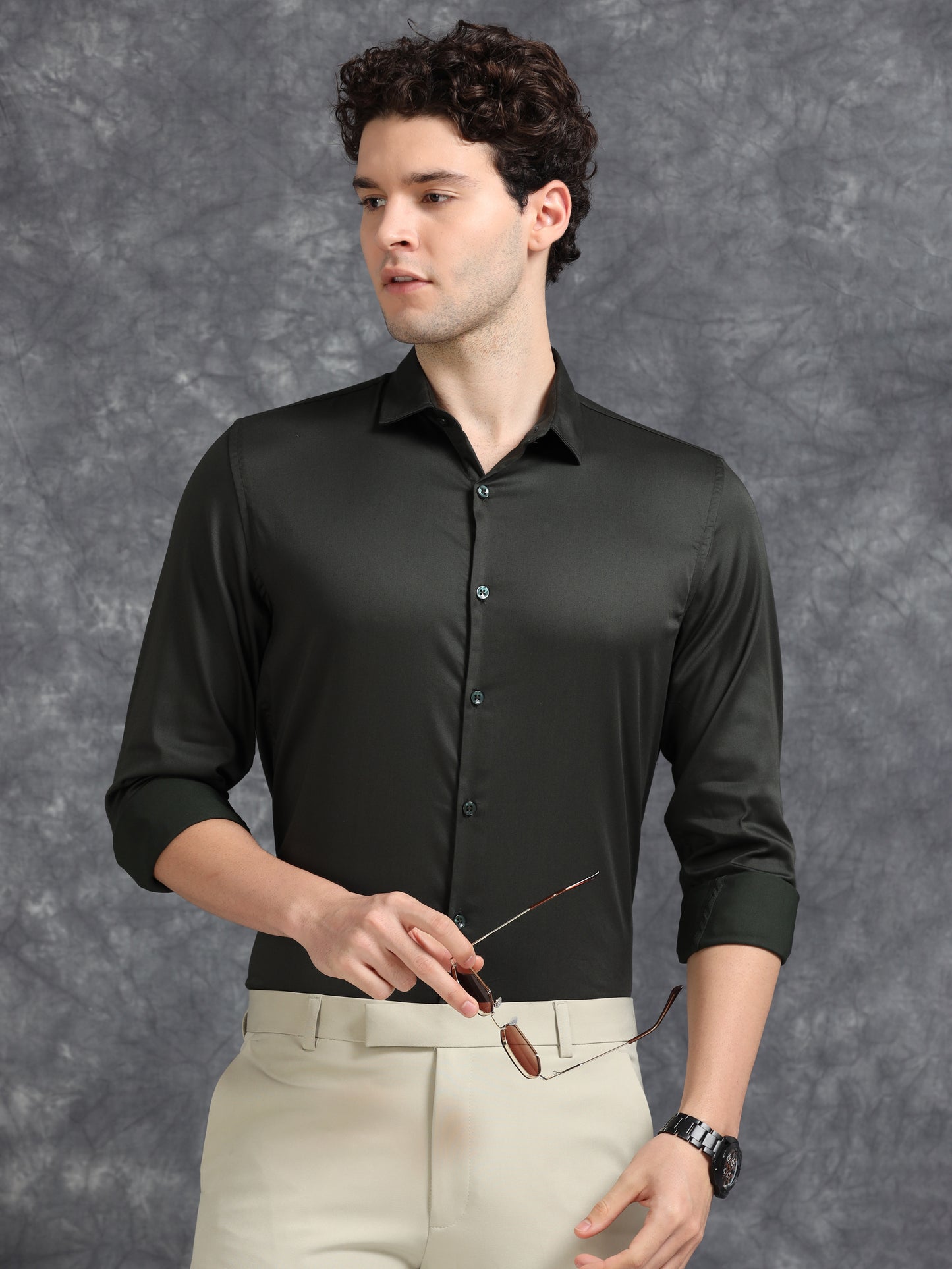 Olive 60's Satin lycra Shirt