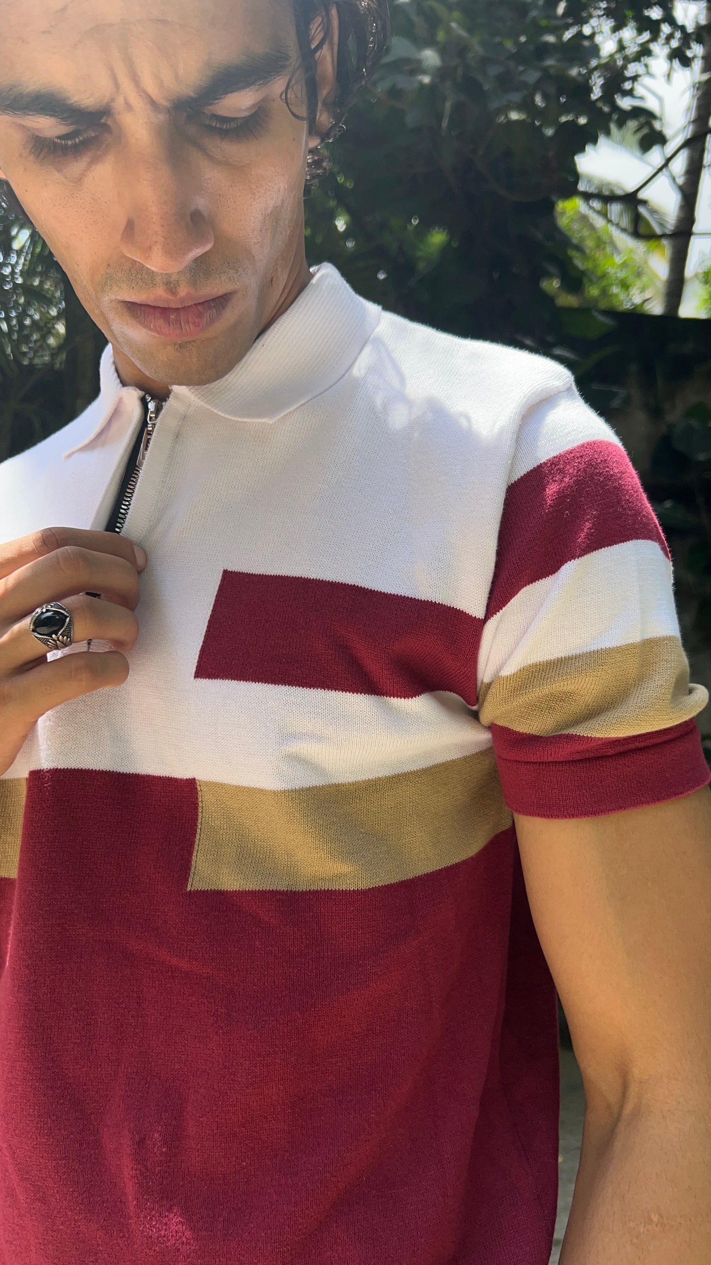 Regular Fit Colorblock Zipper Polo T-Shirt - Maroon & White