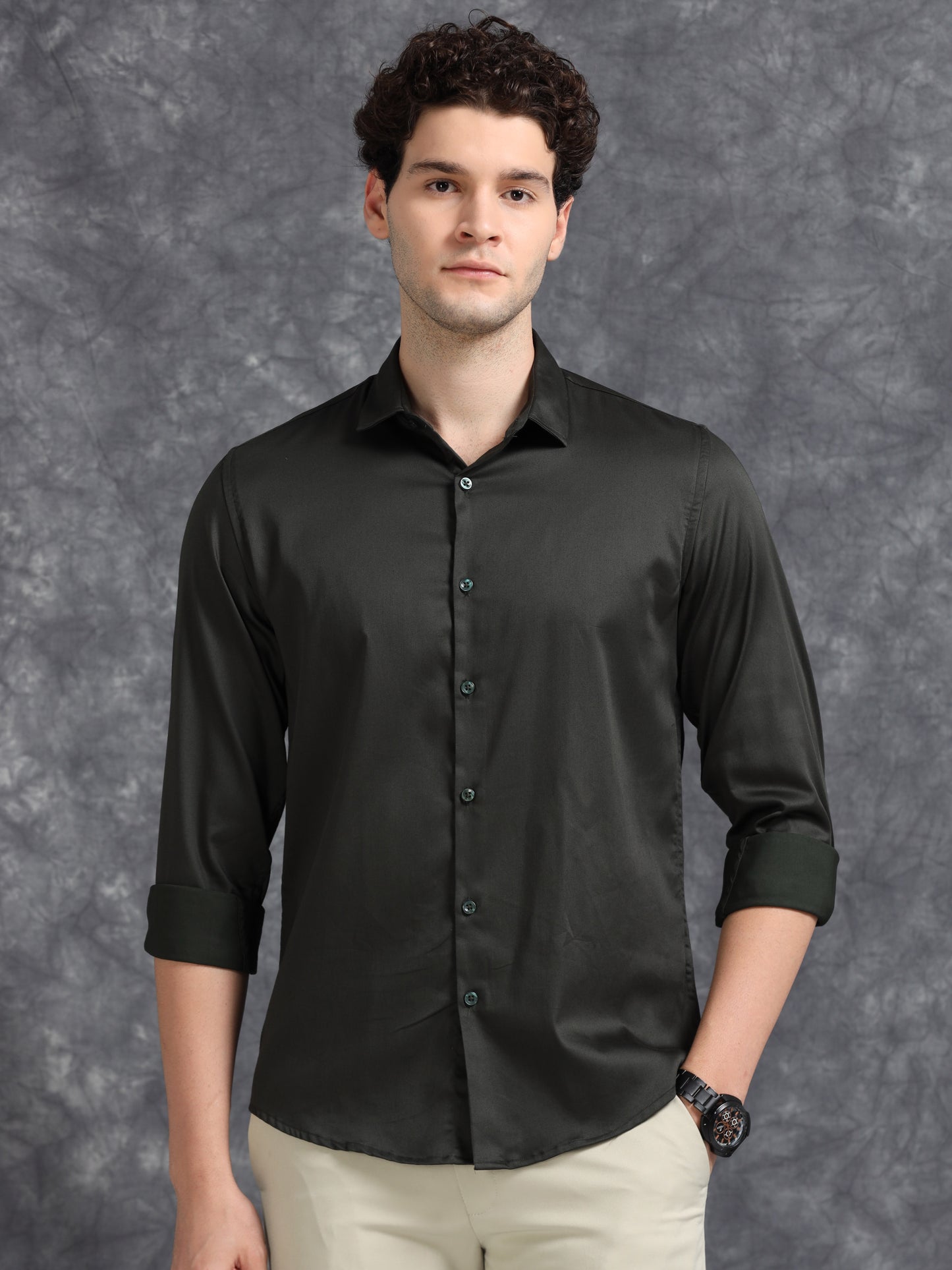Olive 60's Satin lycra Shirt
