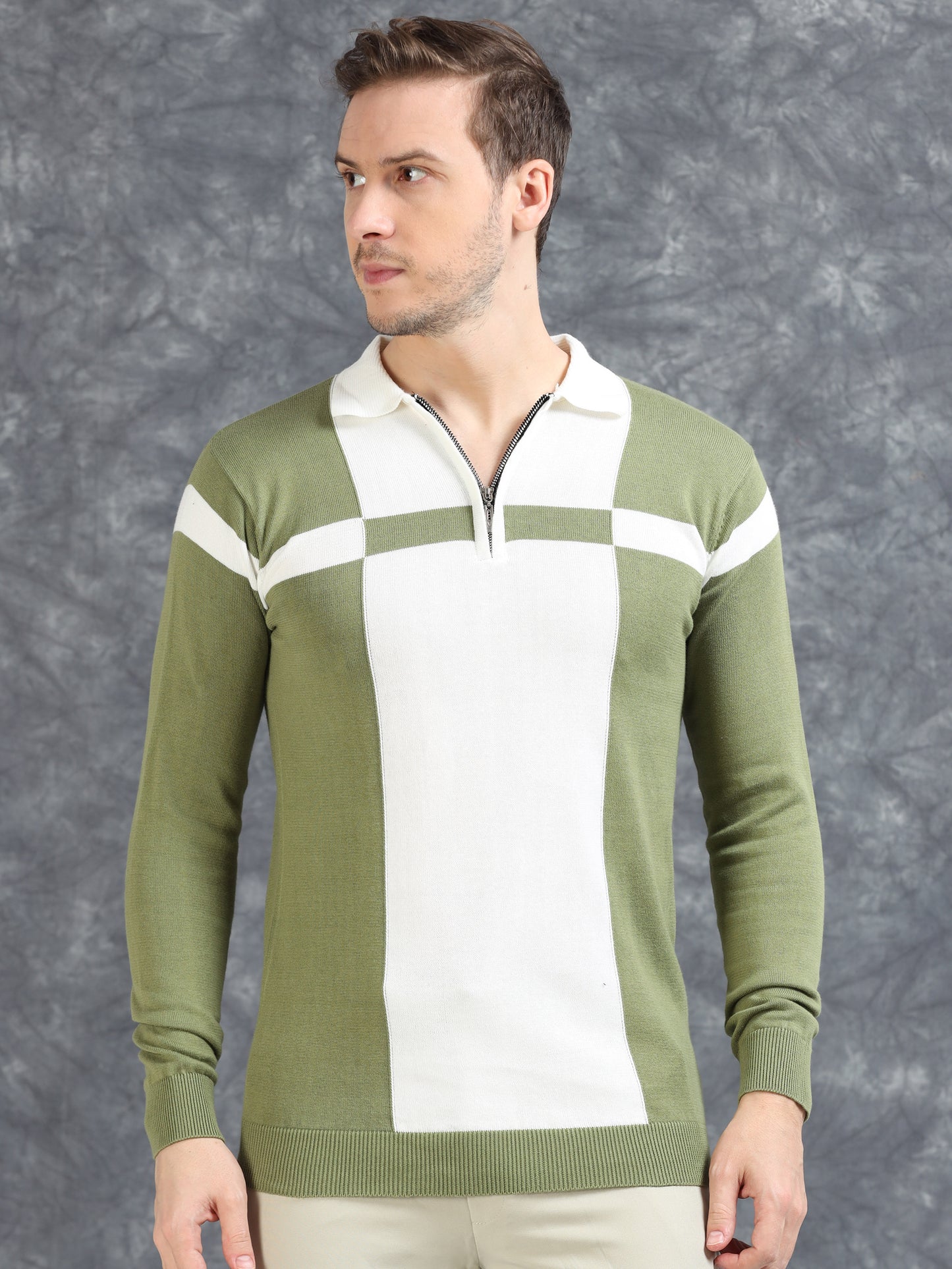 Pannel Design Full Sleeve Zipper Polo - Pistachio