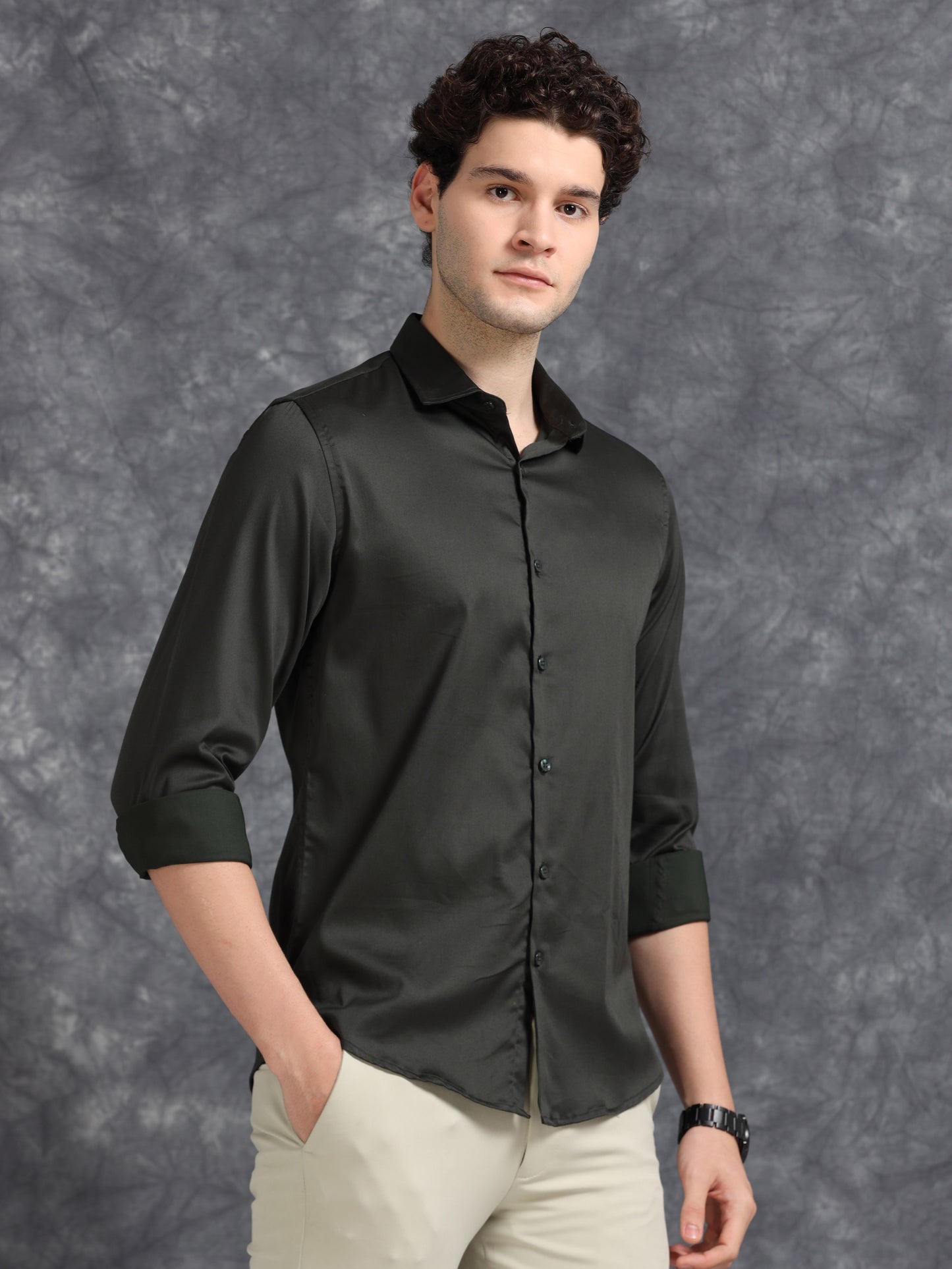 Olive 60's Satin lycra Shirt