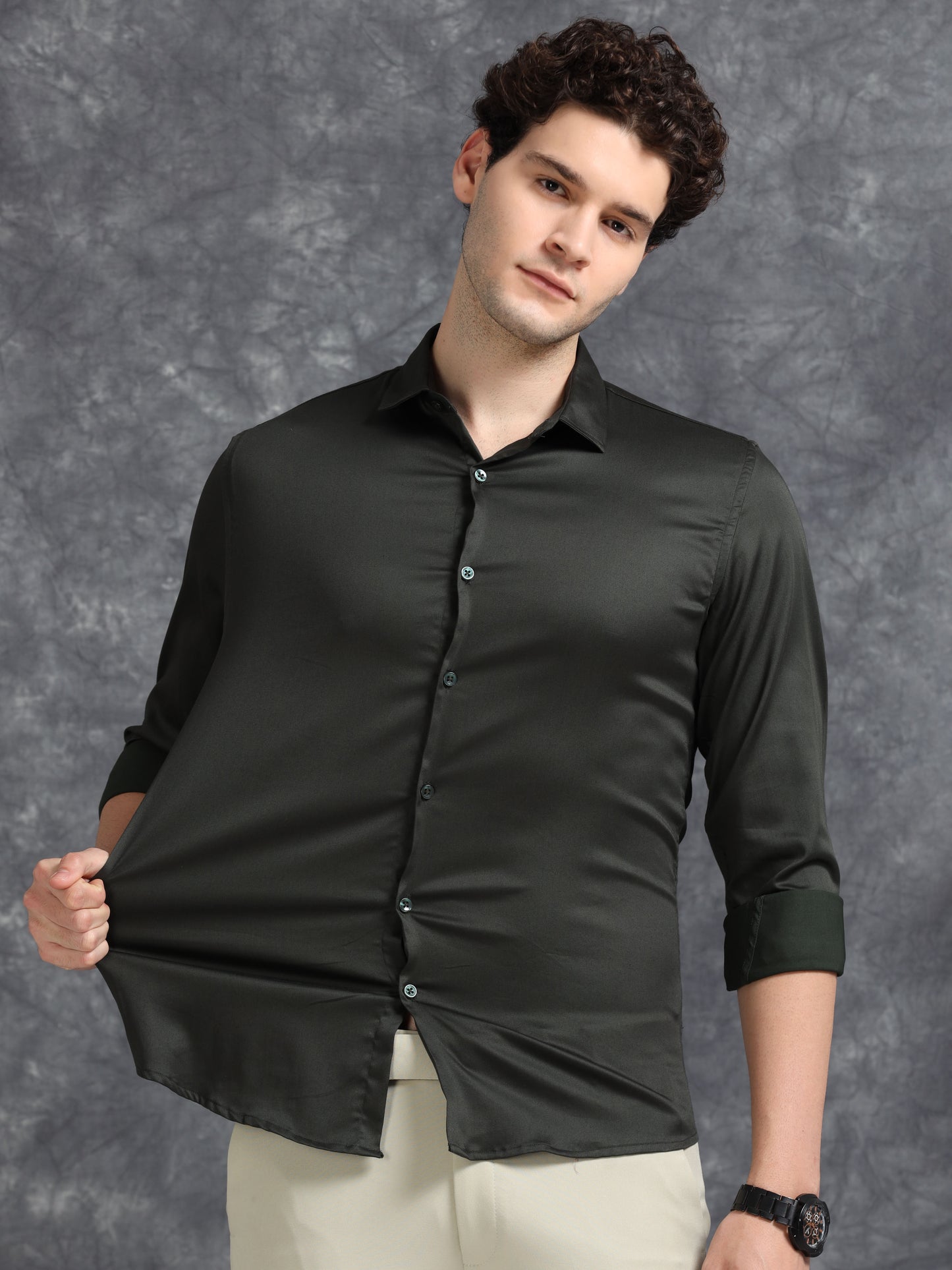 Olive 60's Satin lycra Shirt