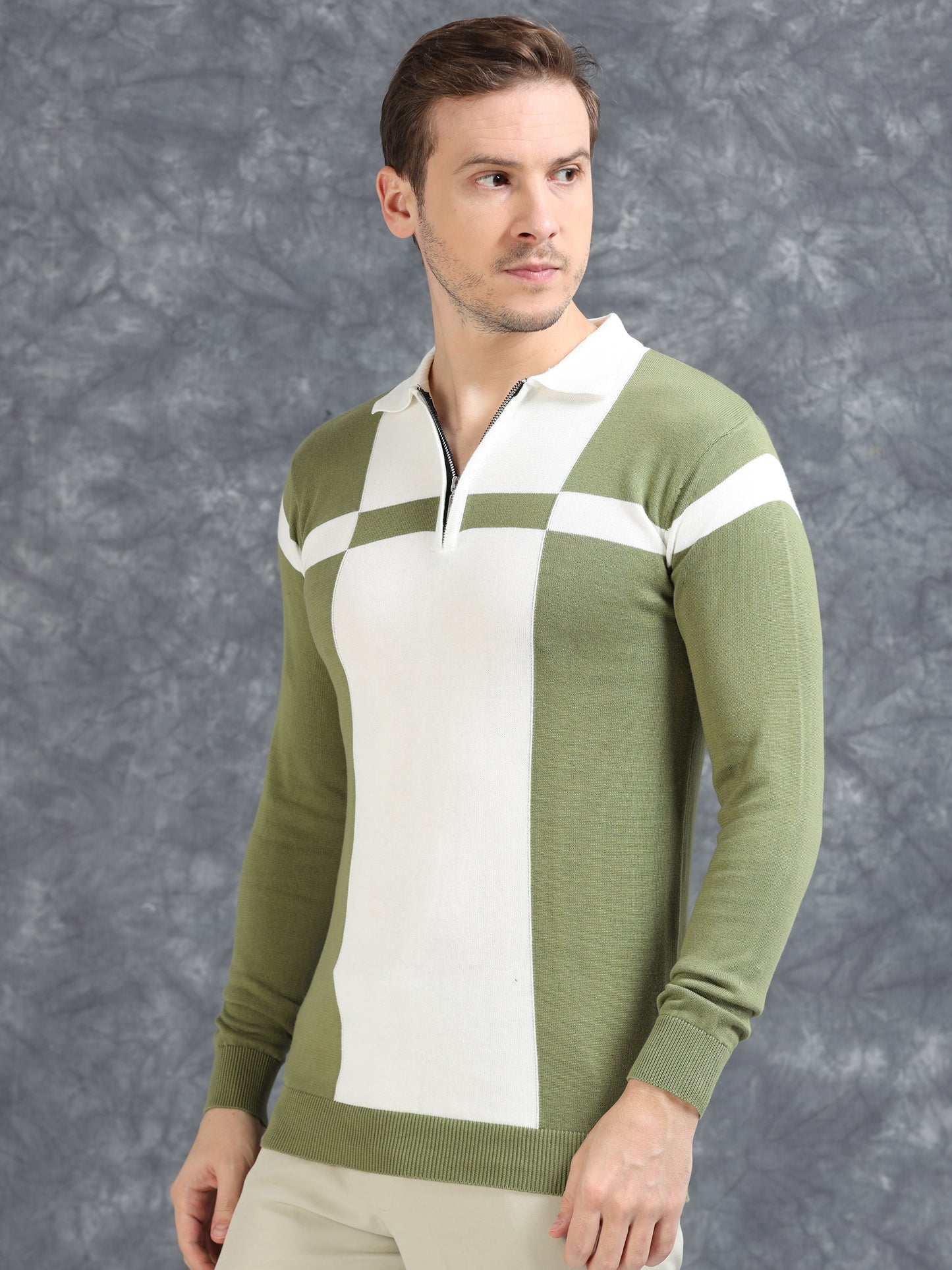 Pannel Design Full Sleeve Zipper Polo - Pistachio