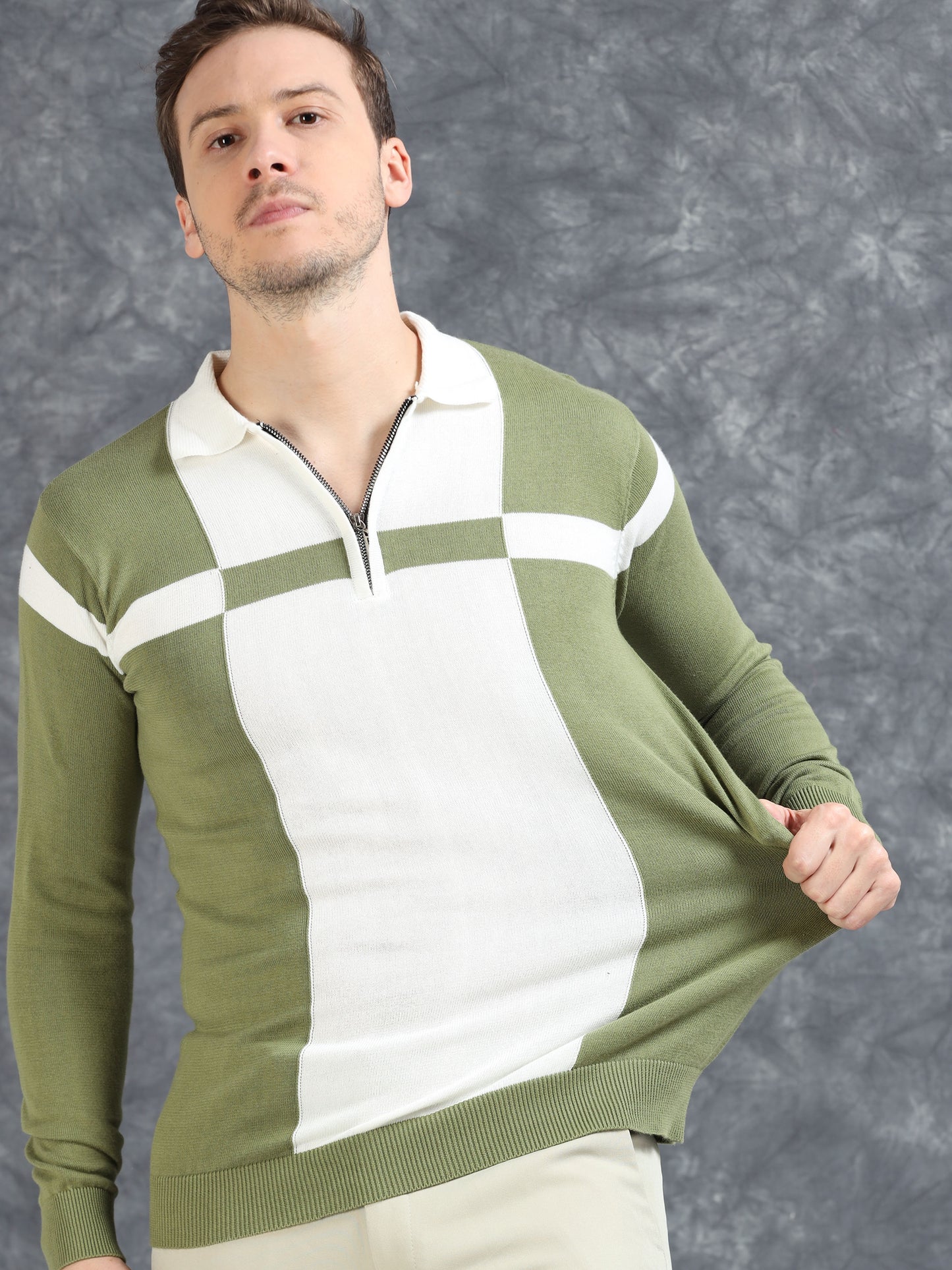 Pannel Design Full Sleeve Zipper Polo - Pistachio
