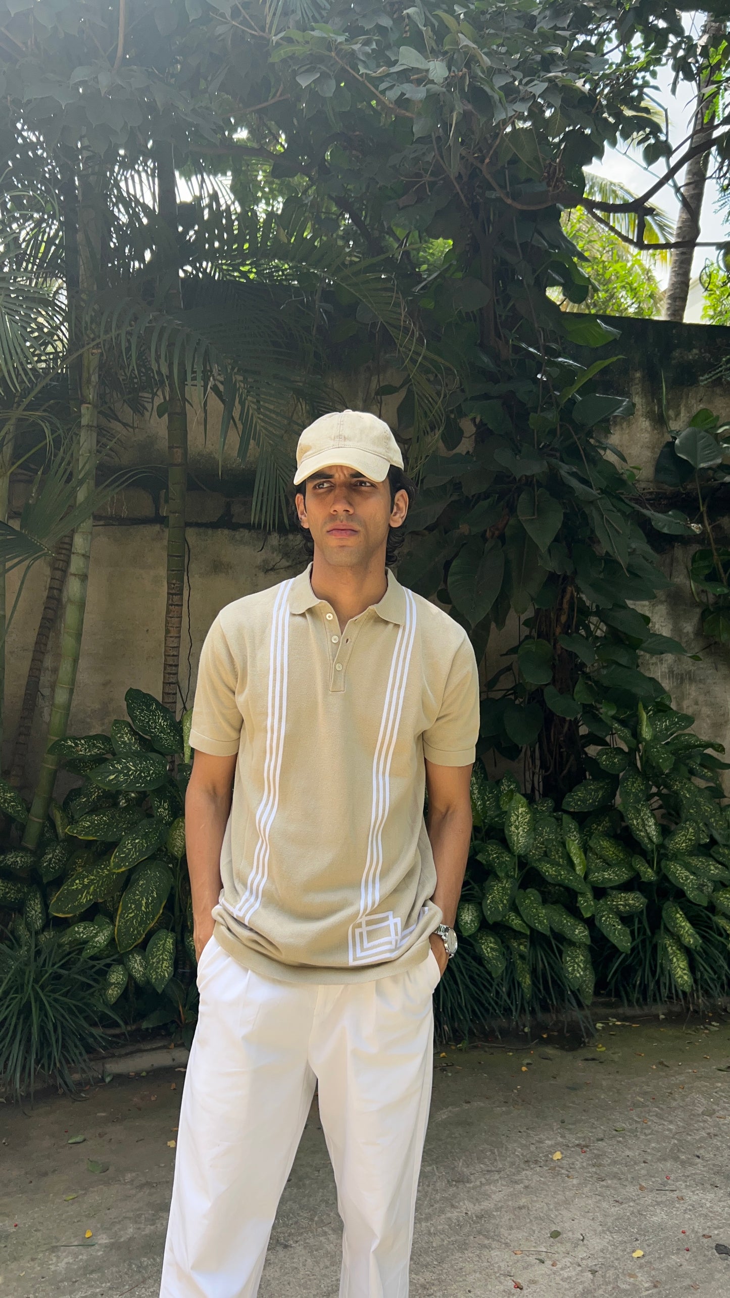 Regular Fit Striped Design Polo T-Shirt - Beige