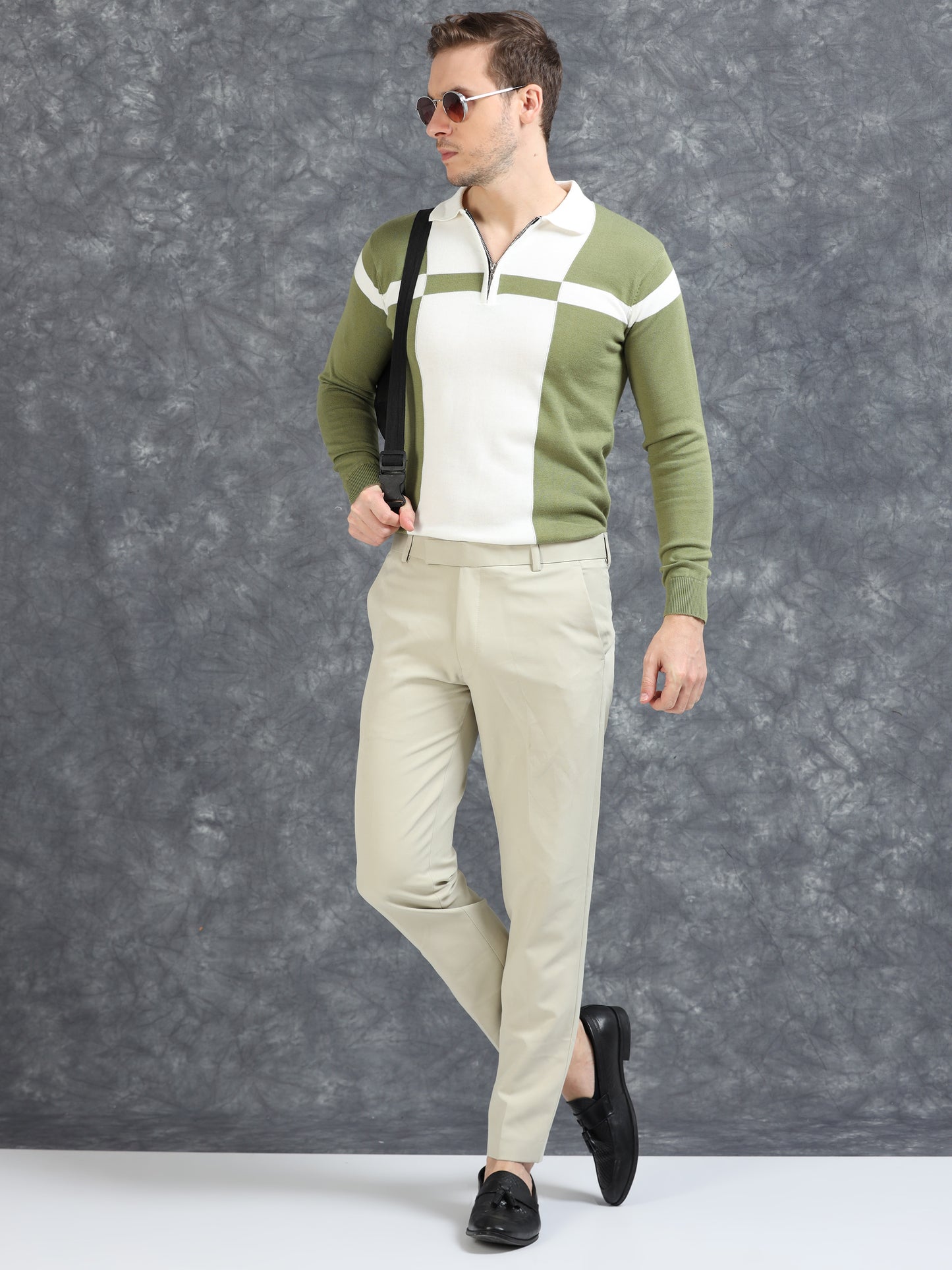 Pannel Design Full Sleeve Zipper Polo - Pistachio
