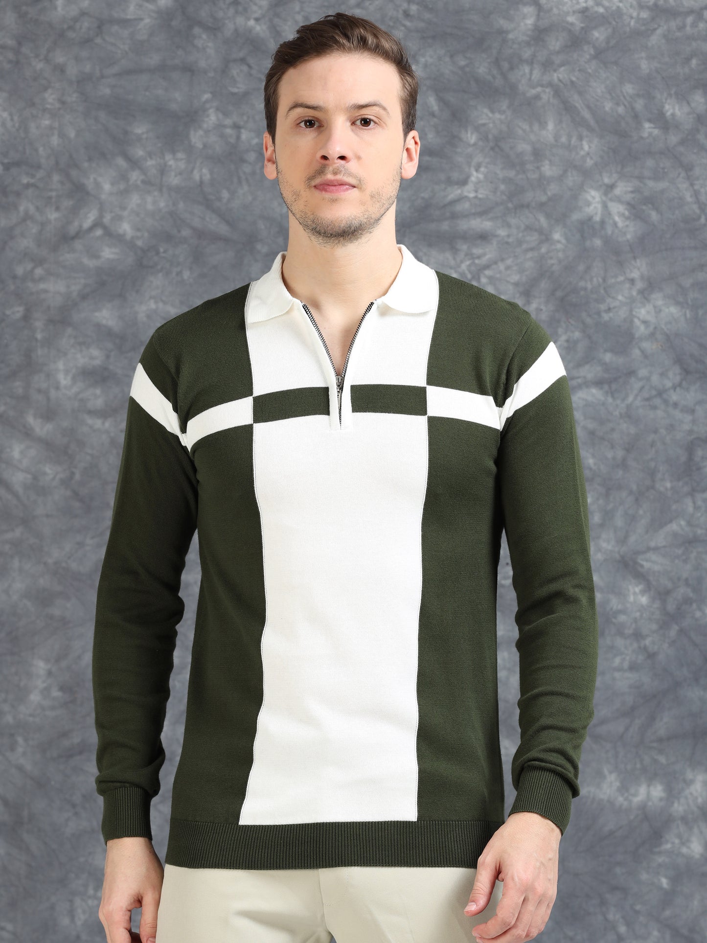 Pannel Design Full Sleeve Zipper Polo - Dark Green