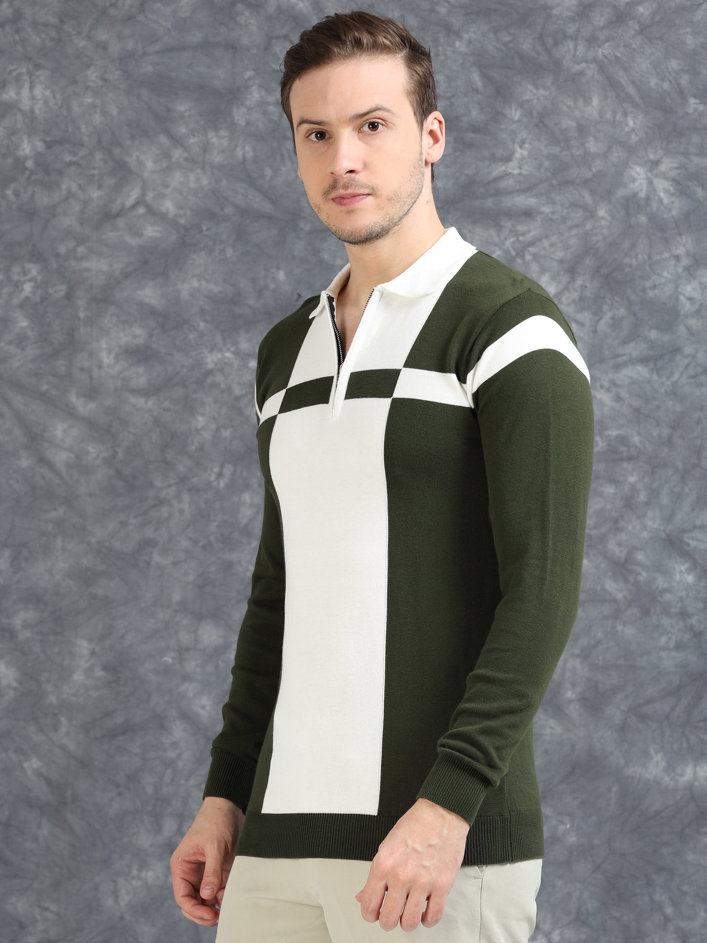 Pannel Design Full Sleeve Zipper Polo - Dark Green