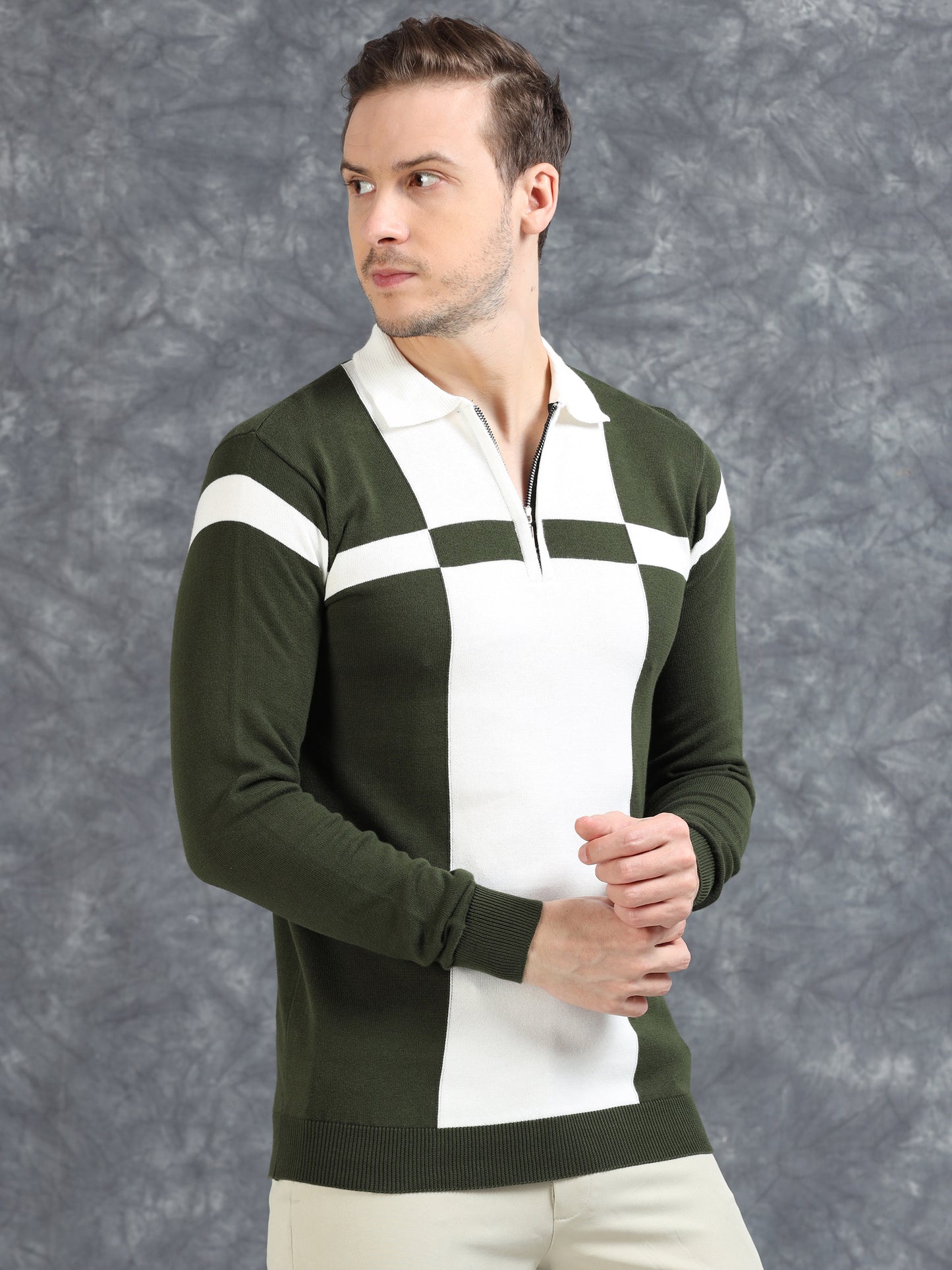 Pannel Design Full Sleeve Zipper Polo - Dark Green