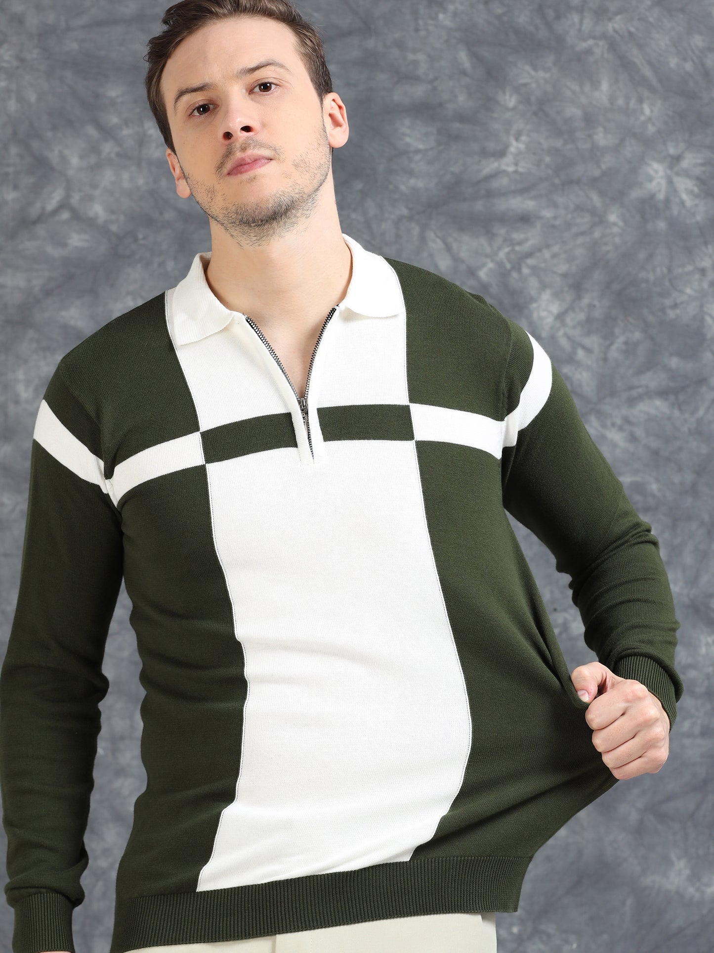 Pannel Design Full Sleeve Zipper Polo - Dark Green