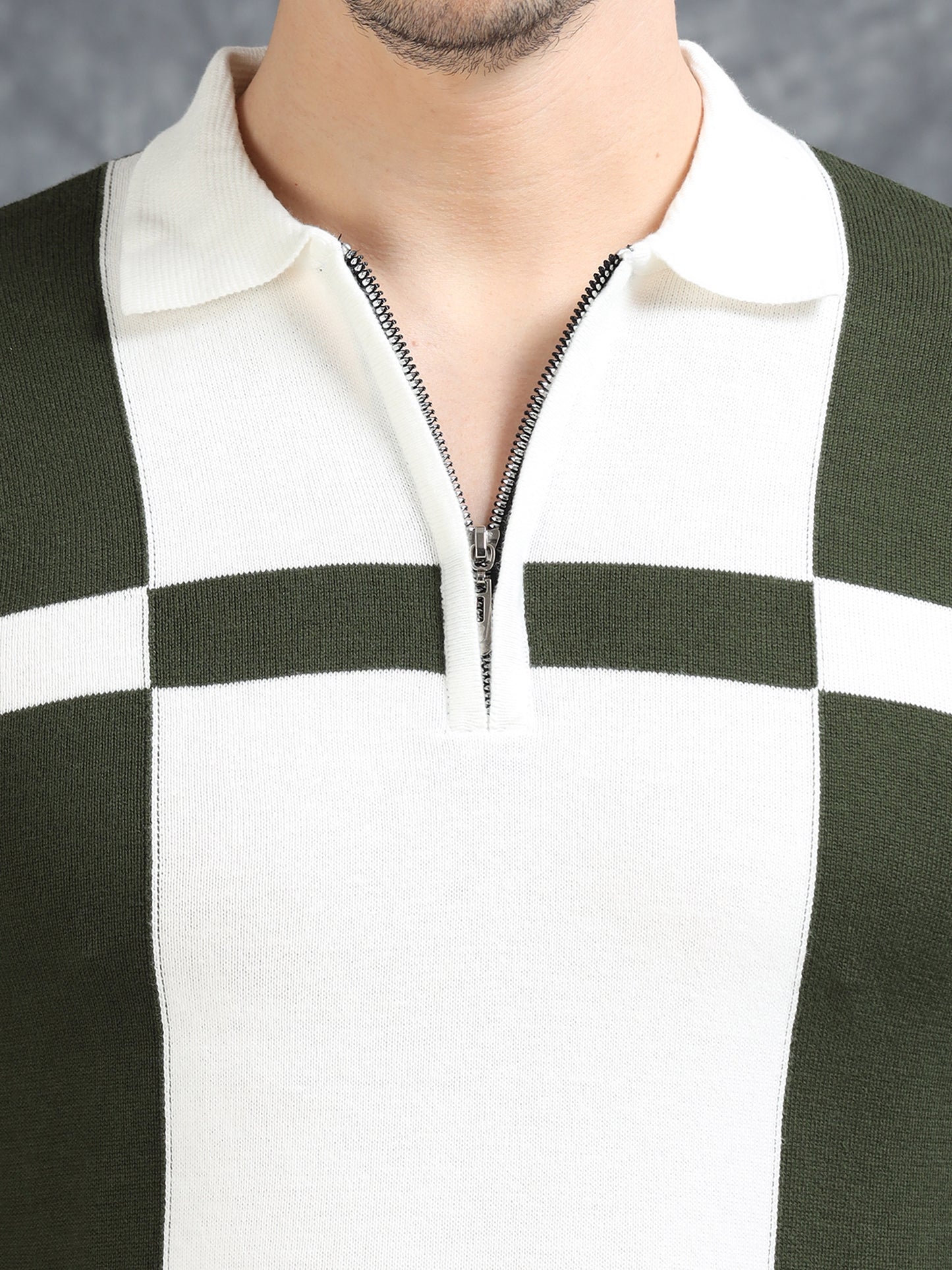 Pannel Design Full Sleeve Zipper Polo - Dark Green
