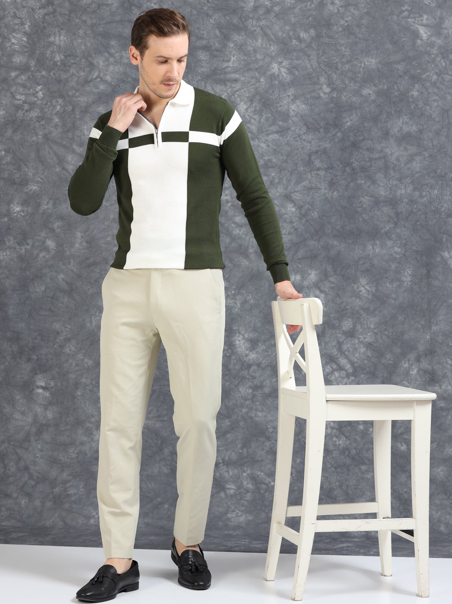 Pannel Design Full Sleeve Zipper Polo - Dark Green