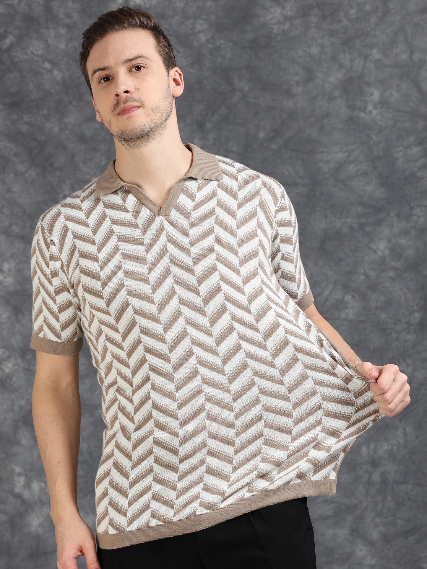 Light Brown Wave Design Polo T-Shirt