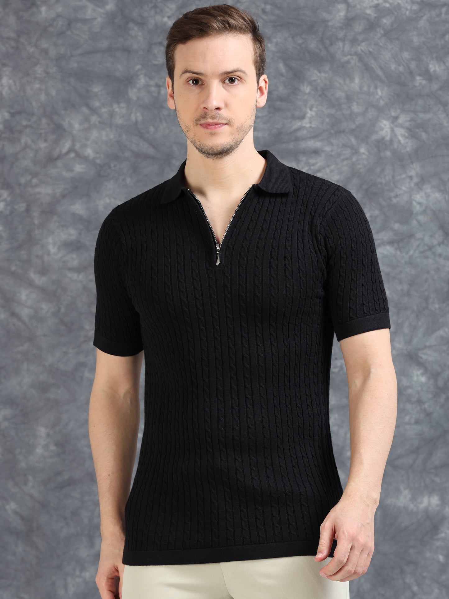 Ribbed Design Zipper Polo T-Shirt- Black