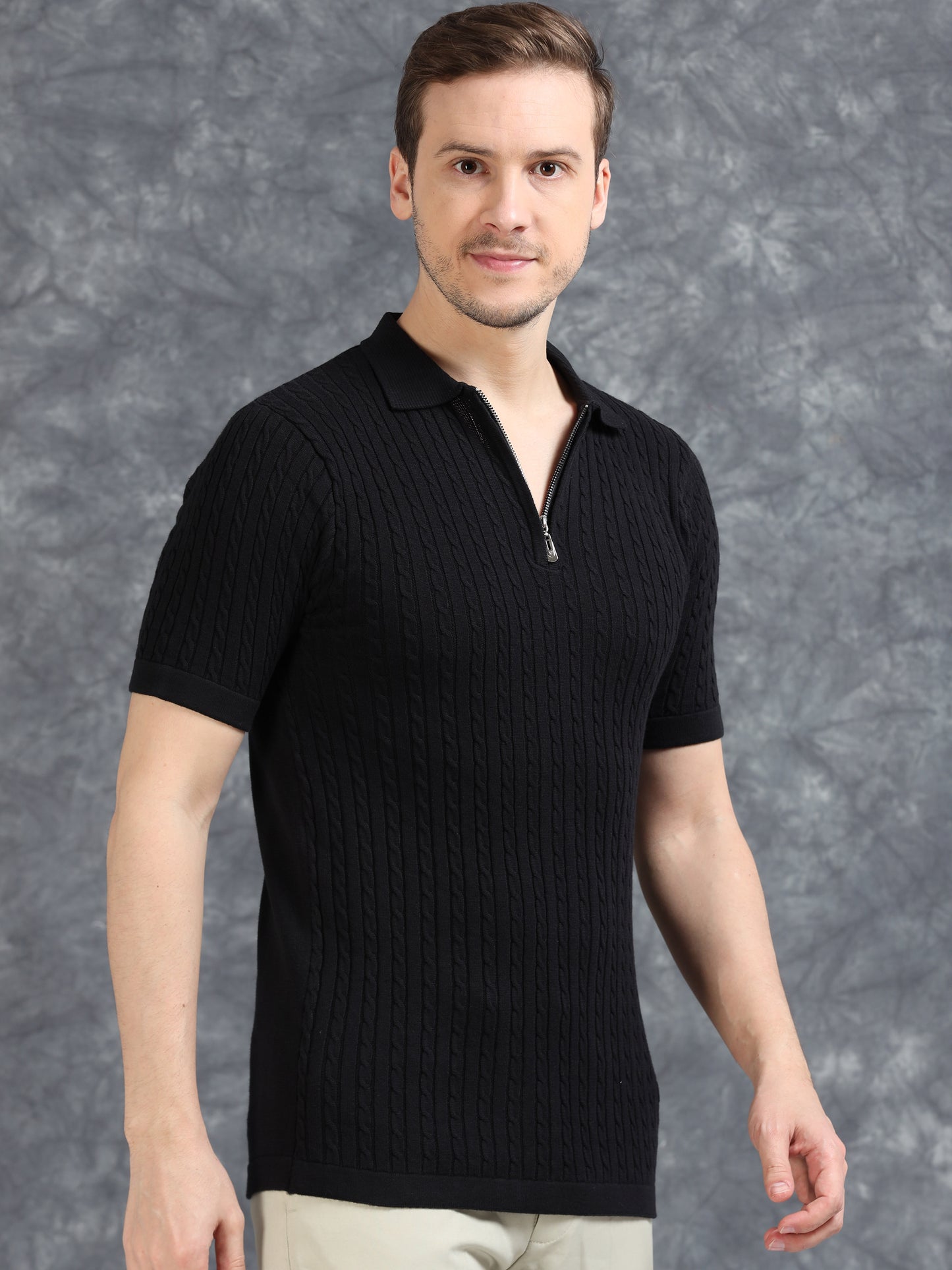 Ribbed Design Zipper Polo T-Shirt- Black