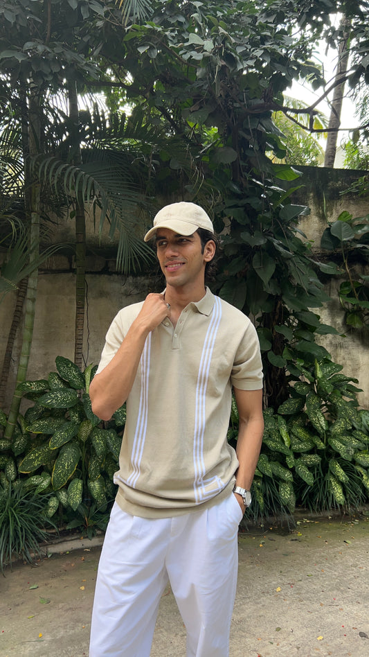 Regular Fit Striped Design Polo T-Shirt - Beige