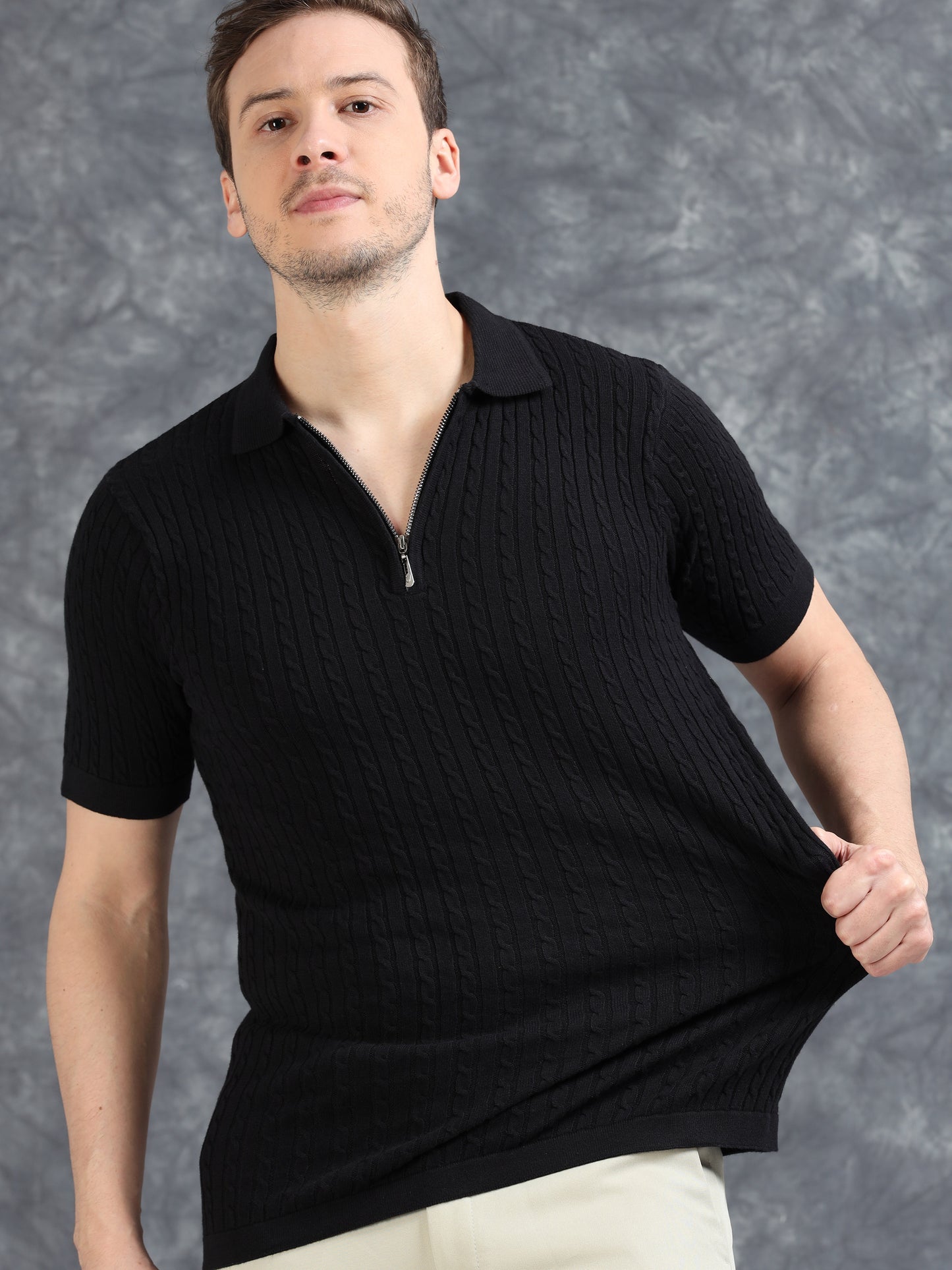 Ribbed Design Zipper Polo T-Shirt- Black