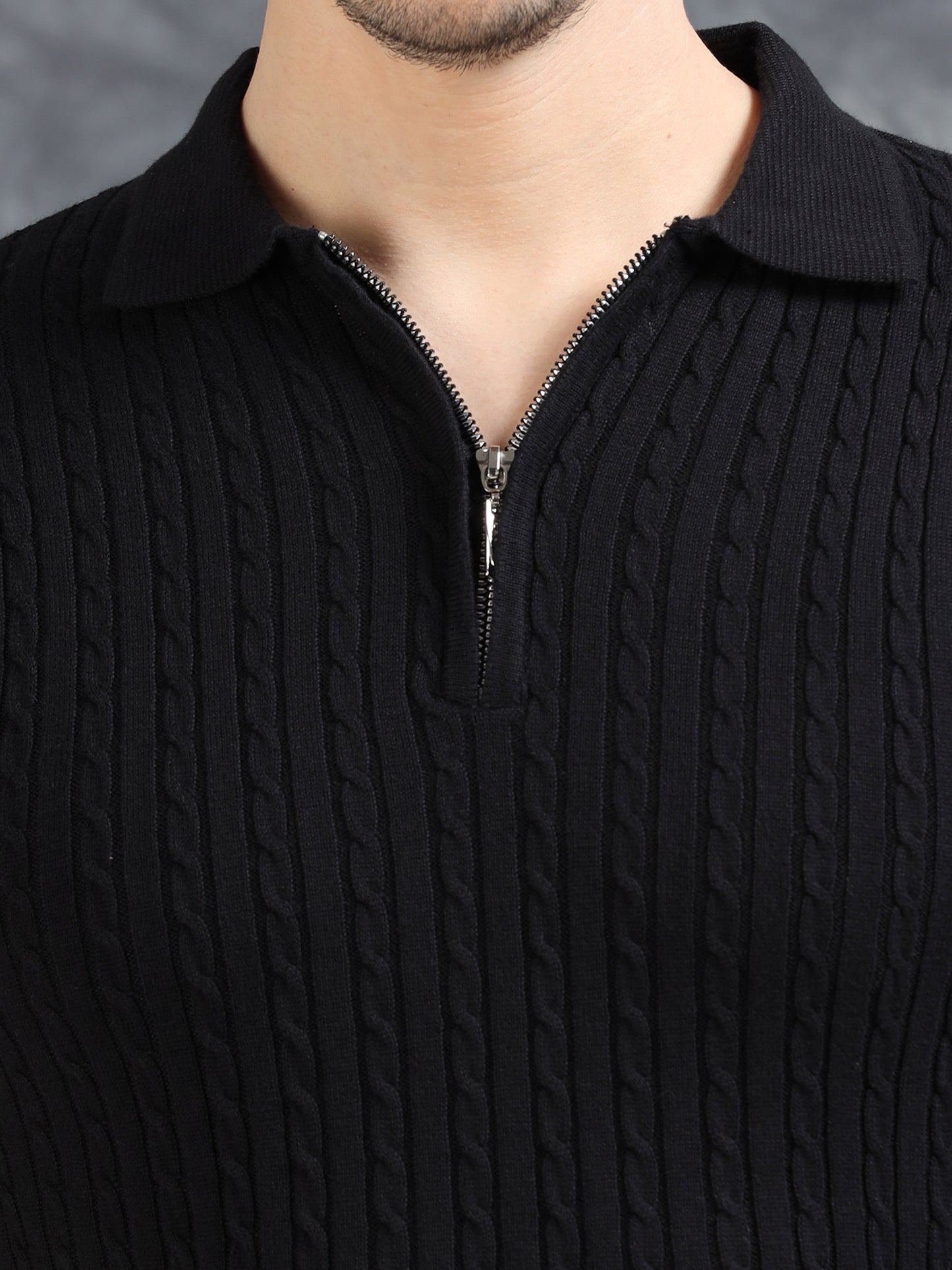 Ribbed Design Zipper Polo T-Shirt- Black