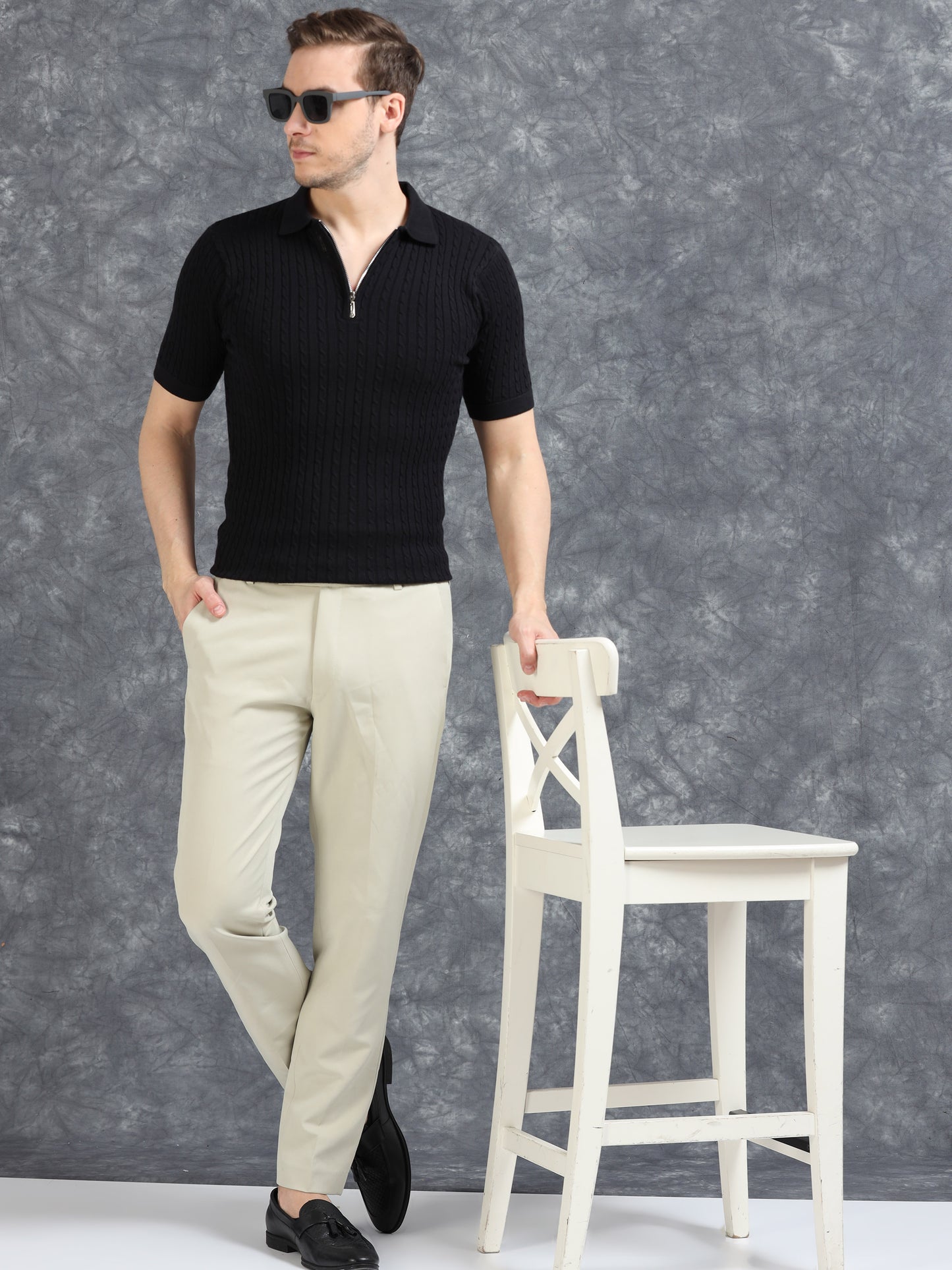 Ribbed Design Zipper Polo T-Shirt- Black