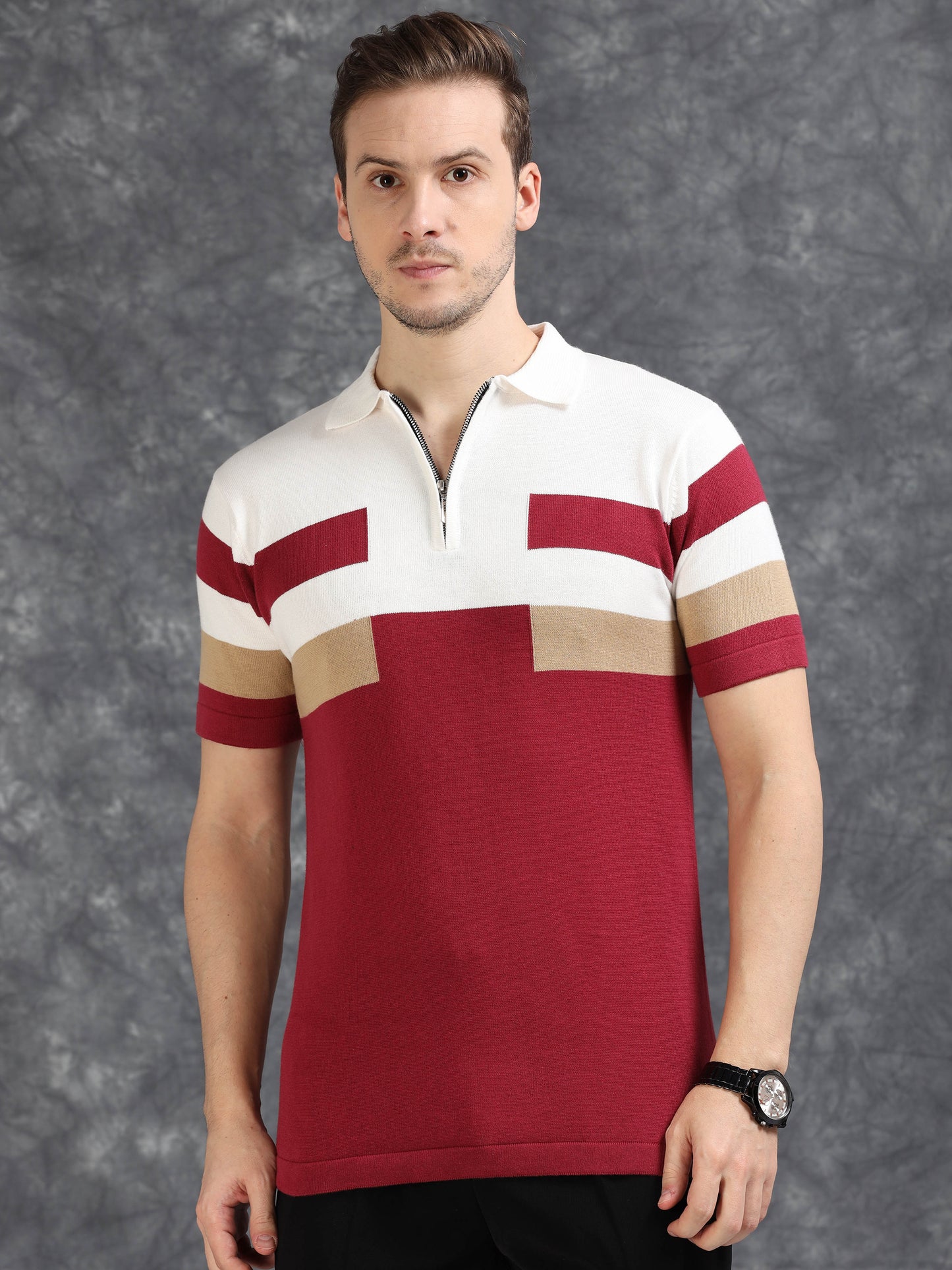 Red and White Pannel Design Polo T-shirt