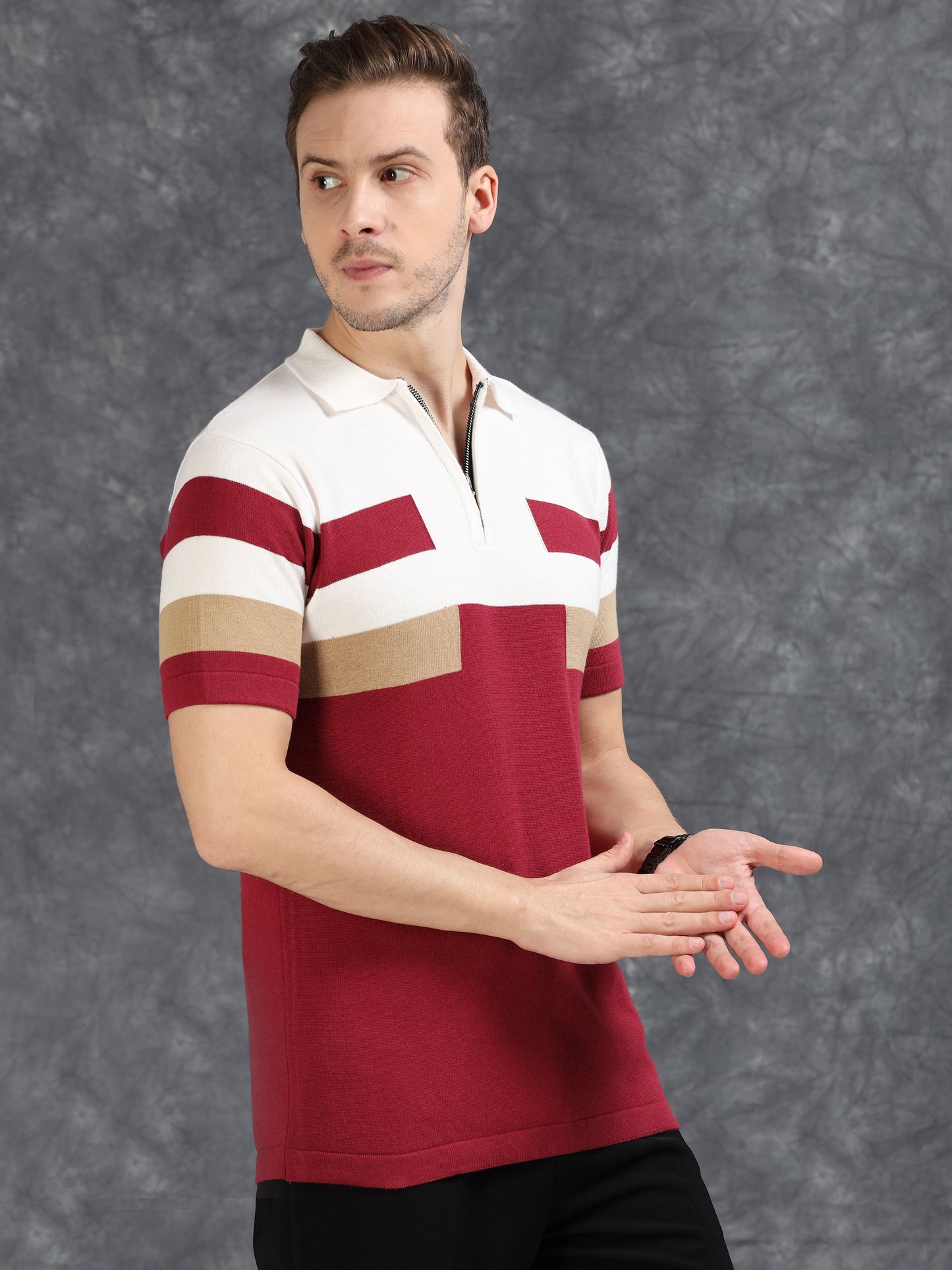 Red and White Pannel Design Polo T-shirt