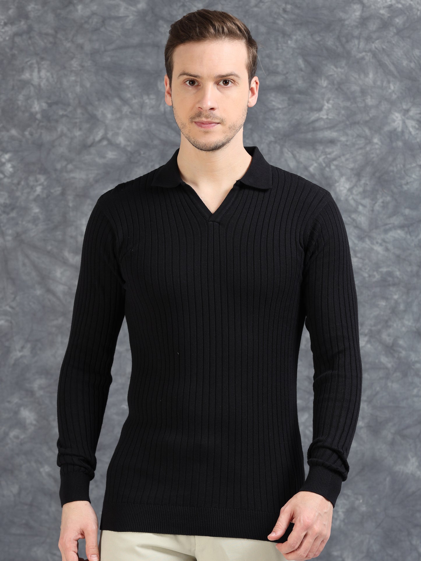 Ribbed Texture Full Sleeve Polo T-Shirt Black